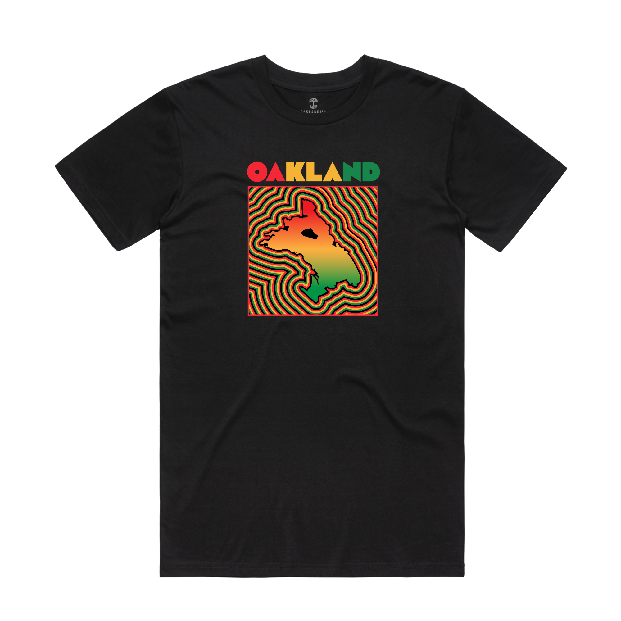 The Flourish Tee by Oaklandish is a Black T-shirt with wavy lines around a bright Oakland map and “OAKLAND” in red, yellow, and green gradient—perfect for celebrating Juneteenth and supporting a Black-owned business.