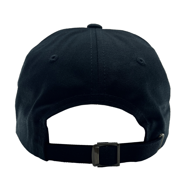 Backside view of black adjustable strapback dad cap.