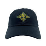 Front view of black dad-style baseball cap with embroidered collaborative logos of Key System streetcars and Oaklandish on the crown.