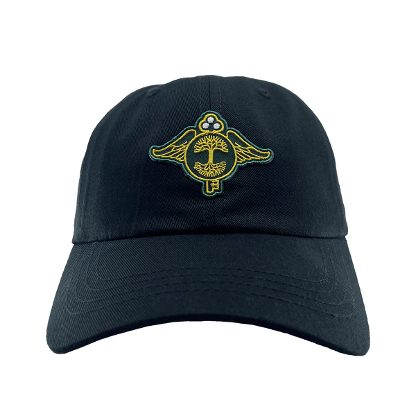 Front view of black dad-style baseball cap with embroidered collaborative logos of Key System streetcars and Oaklandish on the crown.
