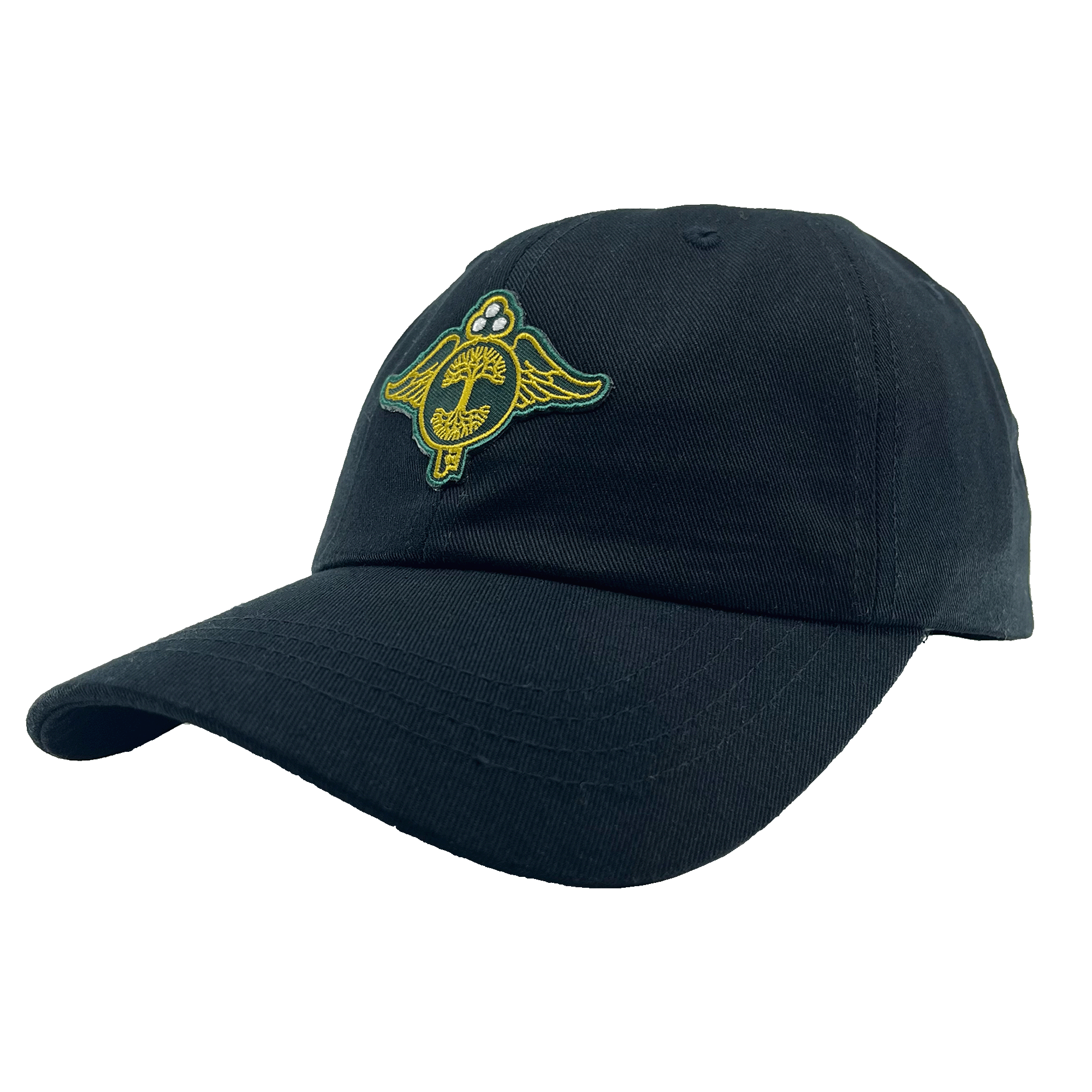 Side view of black dad-style baseball cap with embroidered collaborative logos of Key System streetcars and Oaklandish on the crown.