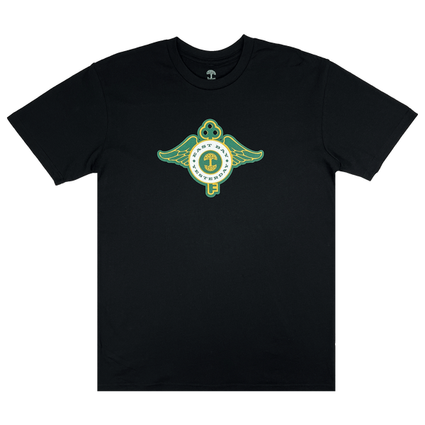 Black t-shirt featuring a collaborative logo graphic from the historic Key System streetcars and Oaklandish on the front chest.