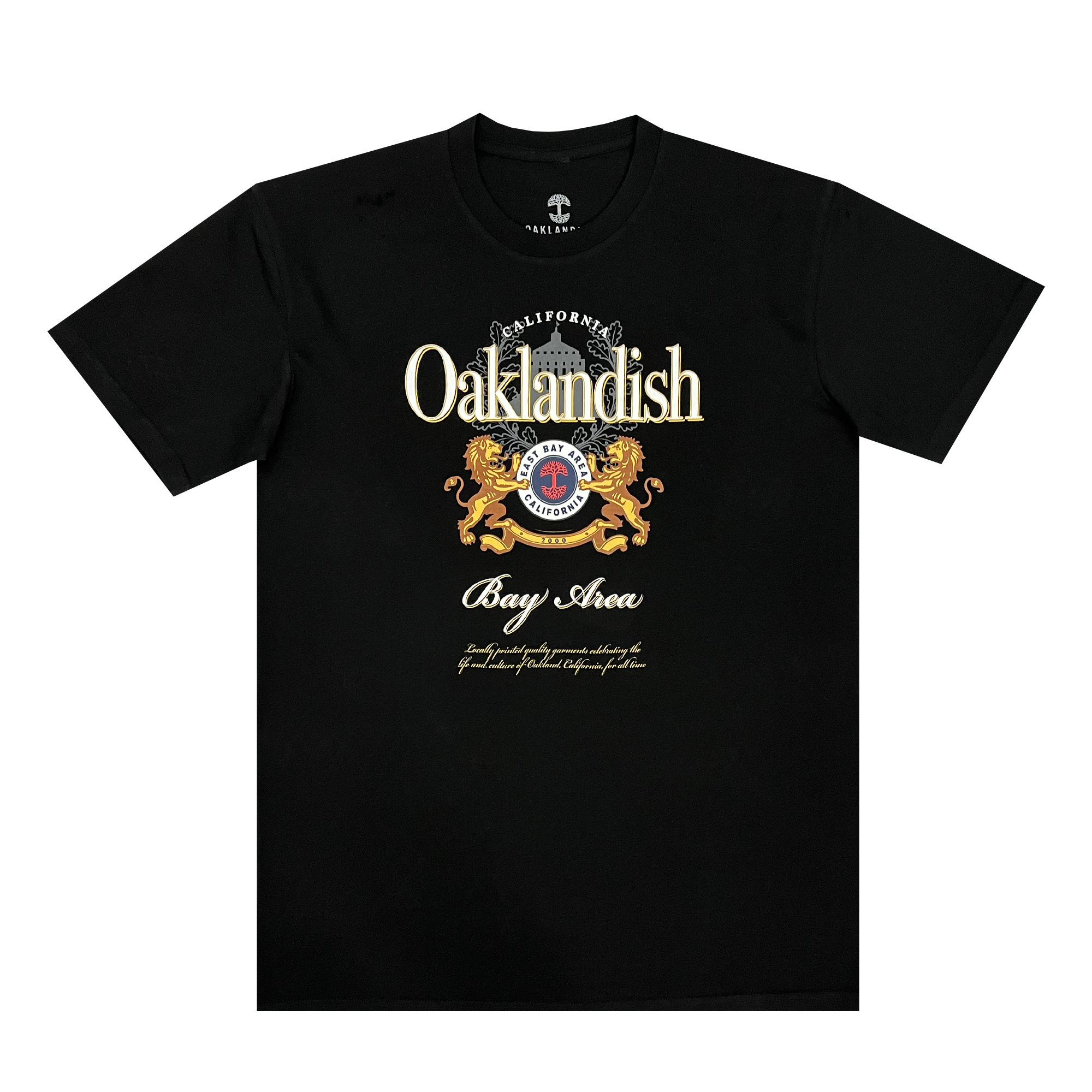Front view of a black t-shirt with Lager Negra logo made over with a Bay Area, Oaklandish, California styling.