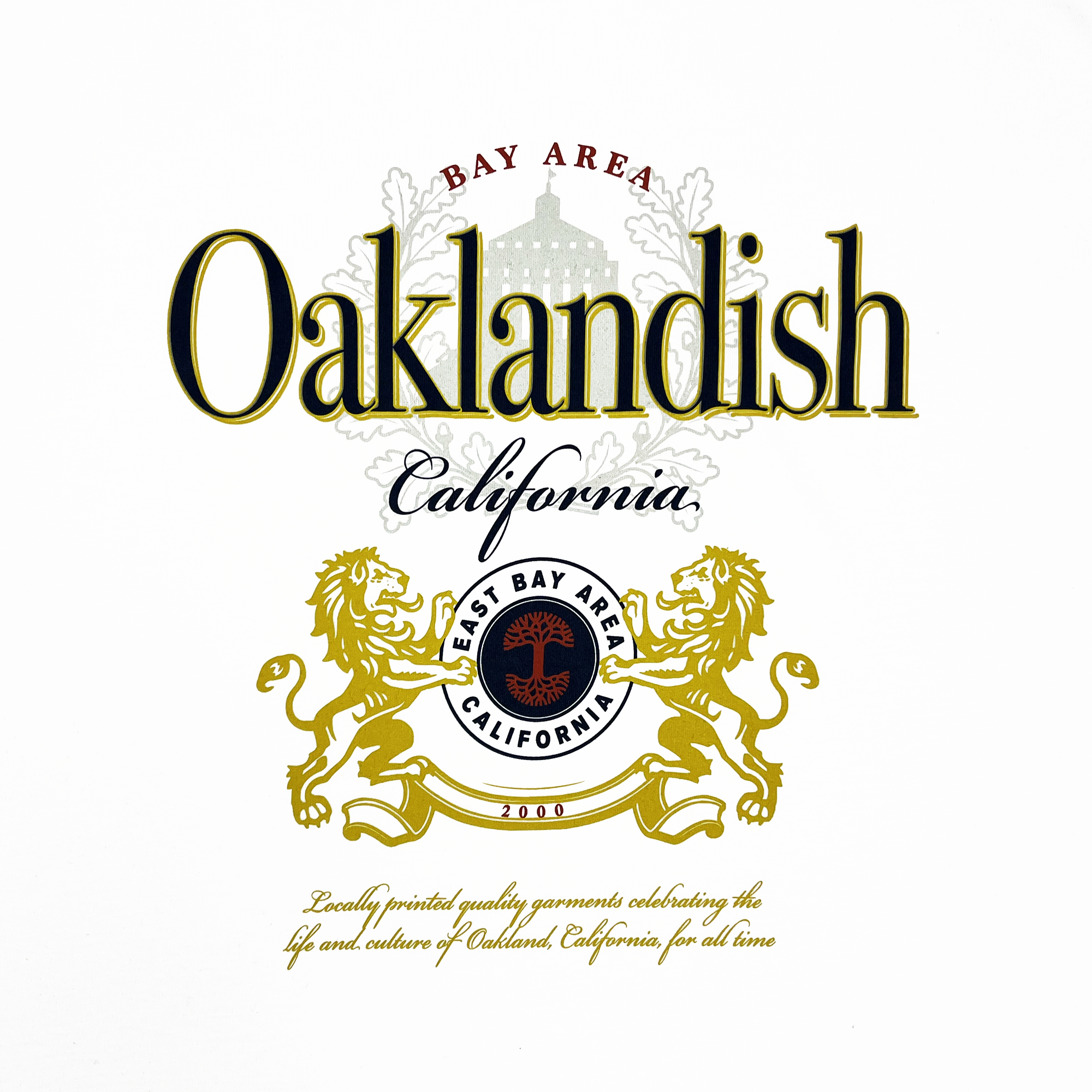 Close-up of Lager Especial logo made over with Bay Area, Oaklandish, California stylings on a white t-shirt.