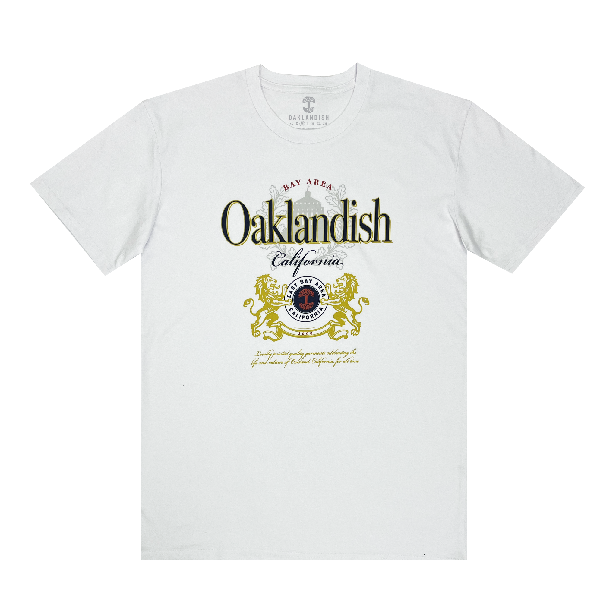 Front view of white t-shirt with Lager Especial logo made over with Bay Area, Oaklandish, California stylings.