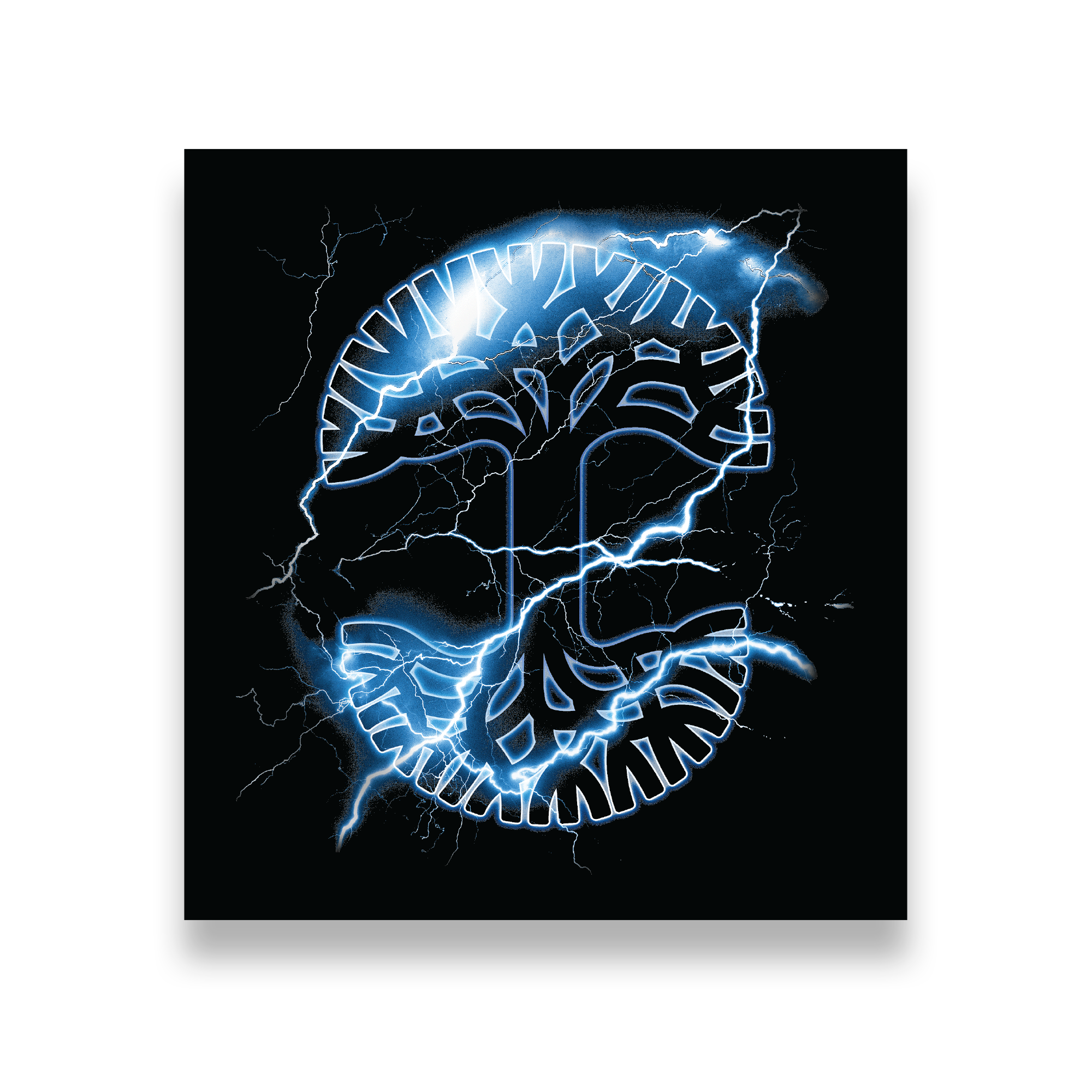 The Lightning Sticker by Oaklandish features a neon blue lion's face emerging from electric lines on a black background, highlighted by lightning sparks for a dynamic design.