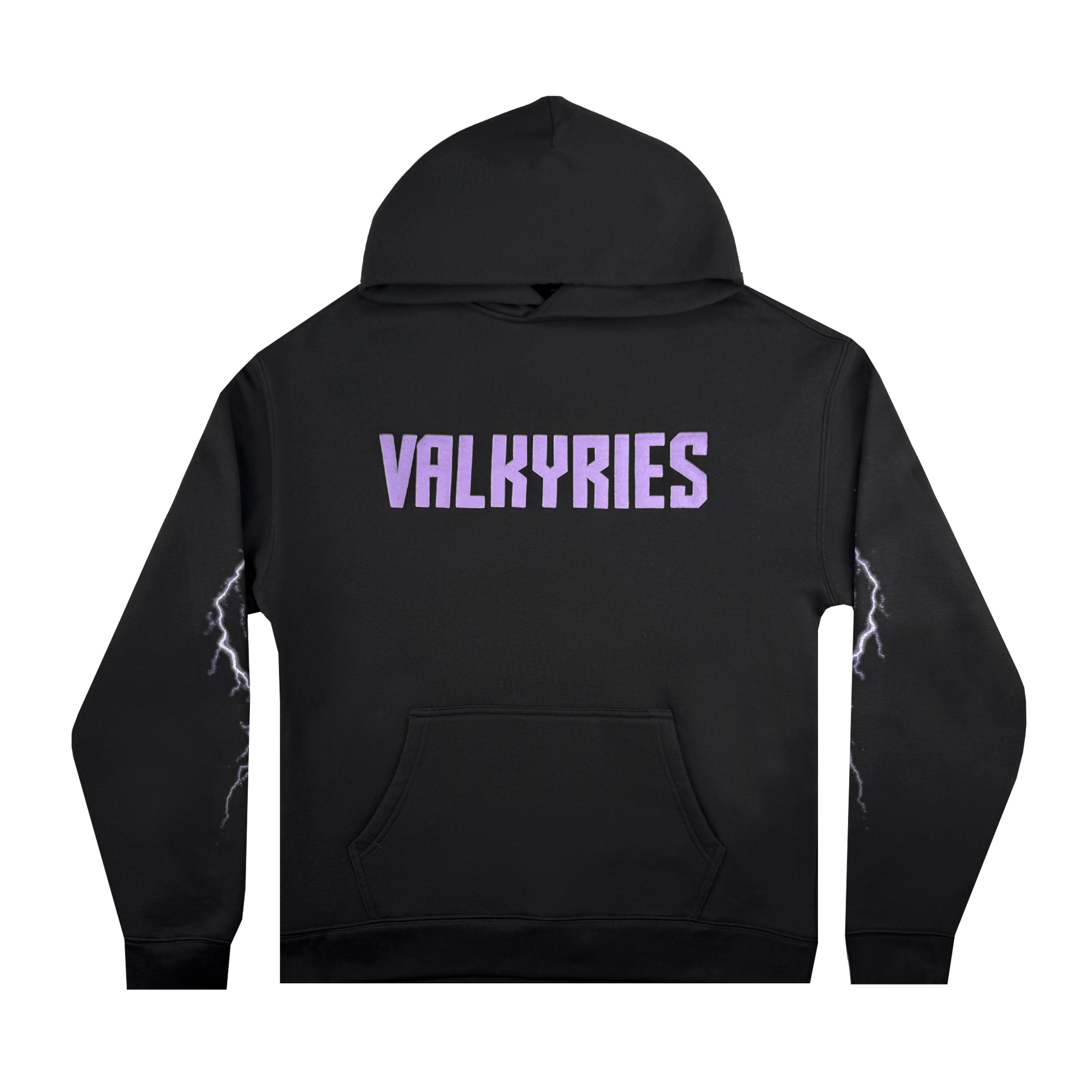 The GSV Golden State Valkyries Violet Lightning Hoodie is a black mid-weight fleece pullover with "VALKYRIES" in bold light purple letters on the back, white lightning bolt graphics on the sleeves, a front pocket, and hood. Officially licensed.