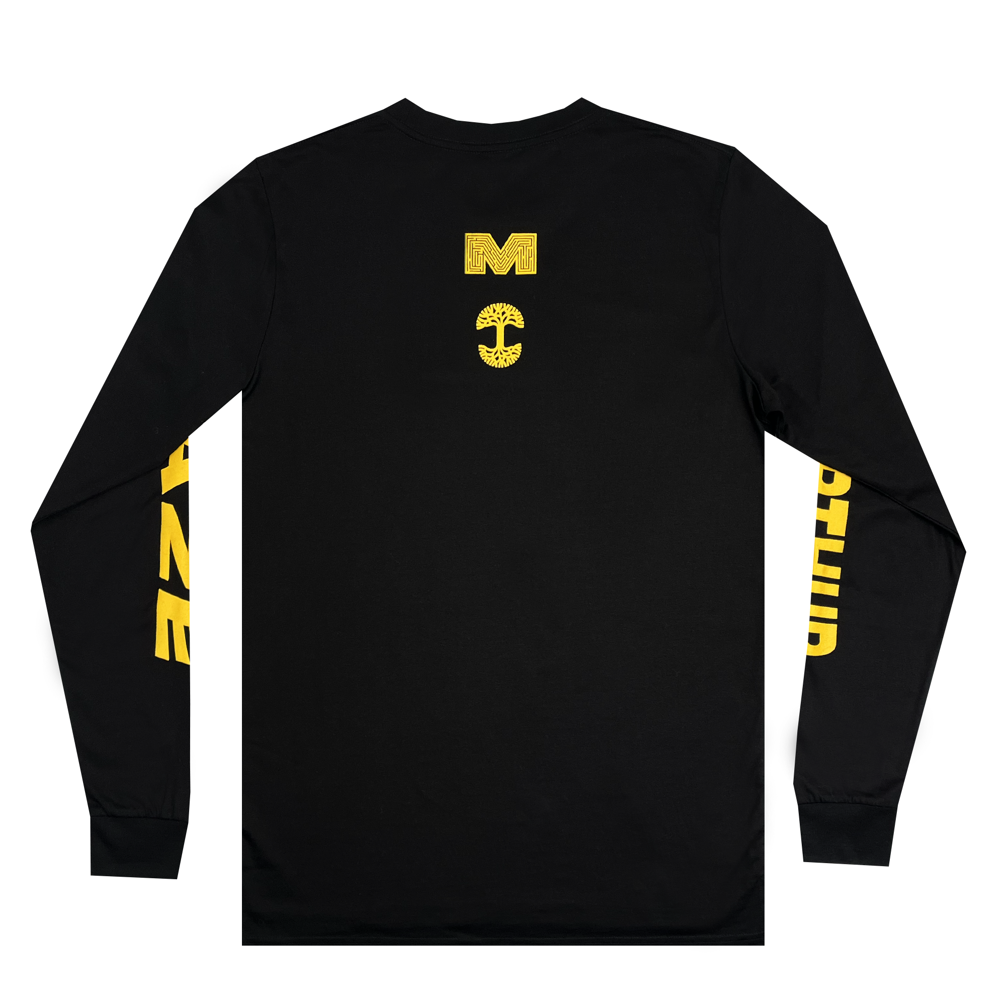 Back view of long sleeve black t-shirt with yellow Macarthur Maze logo and Oaklandish tree logo.