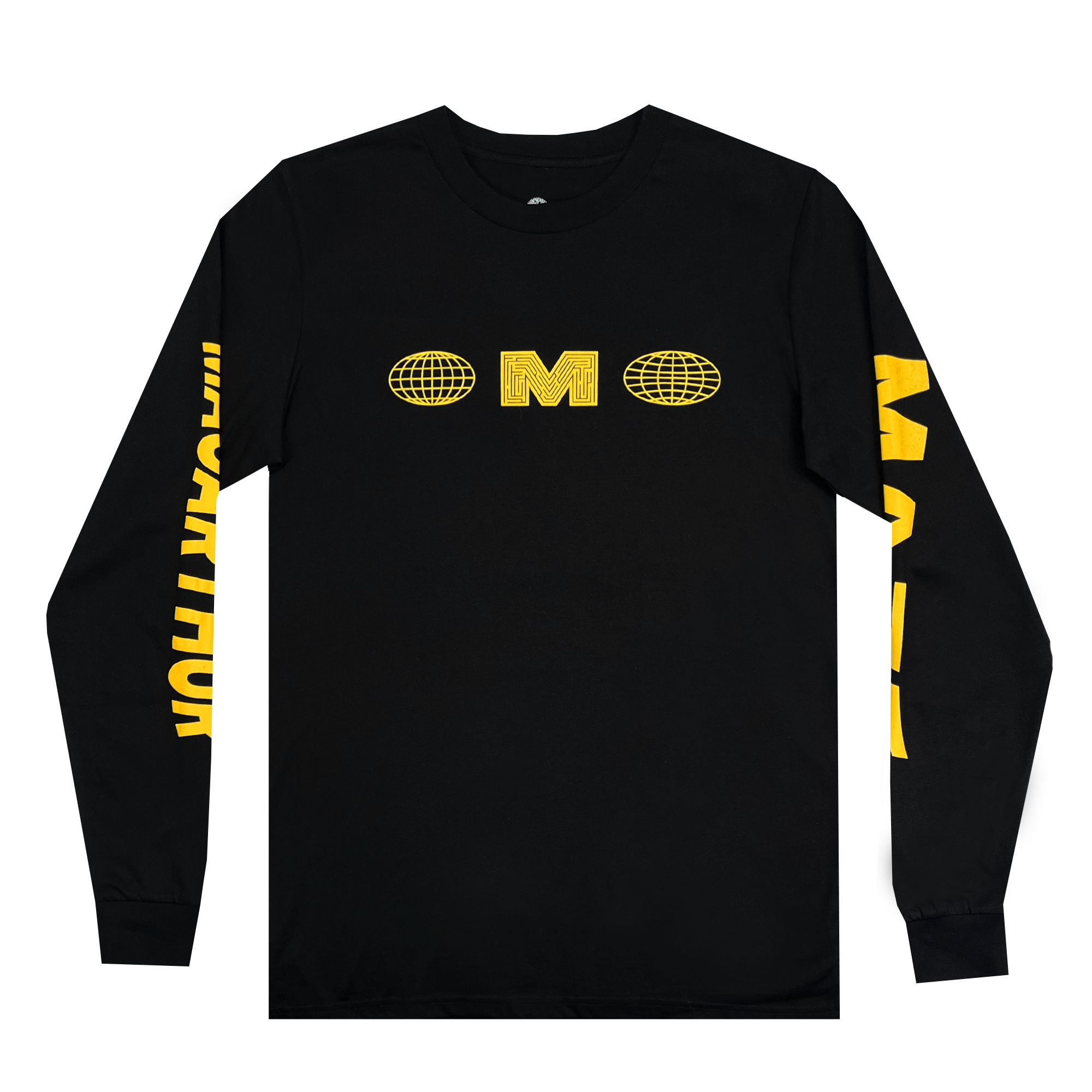 Front view of long sleeve black t-shirt with yellow Macarthur Maze logo centered on chest.
