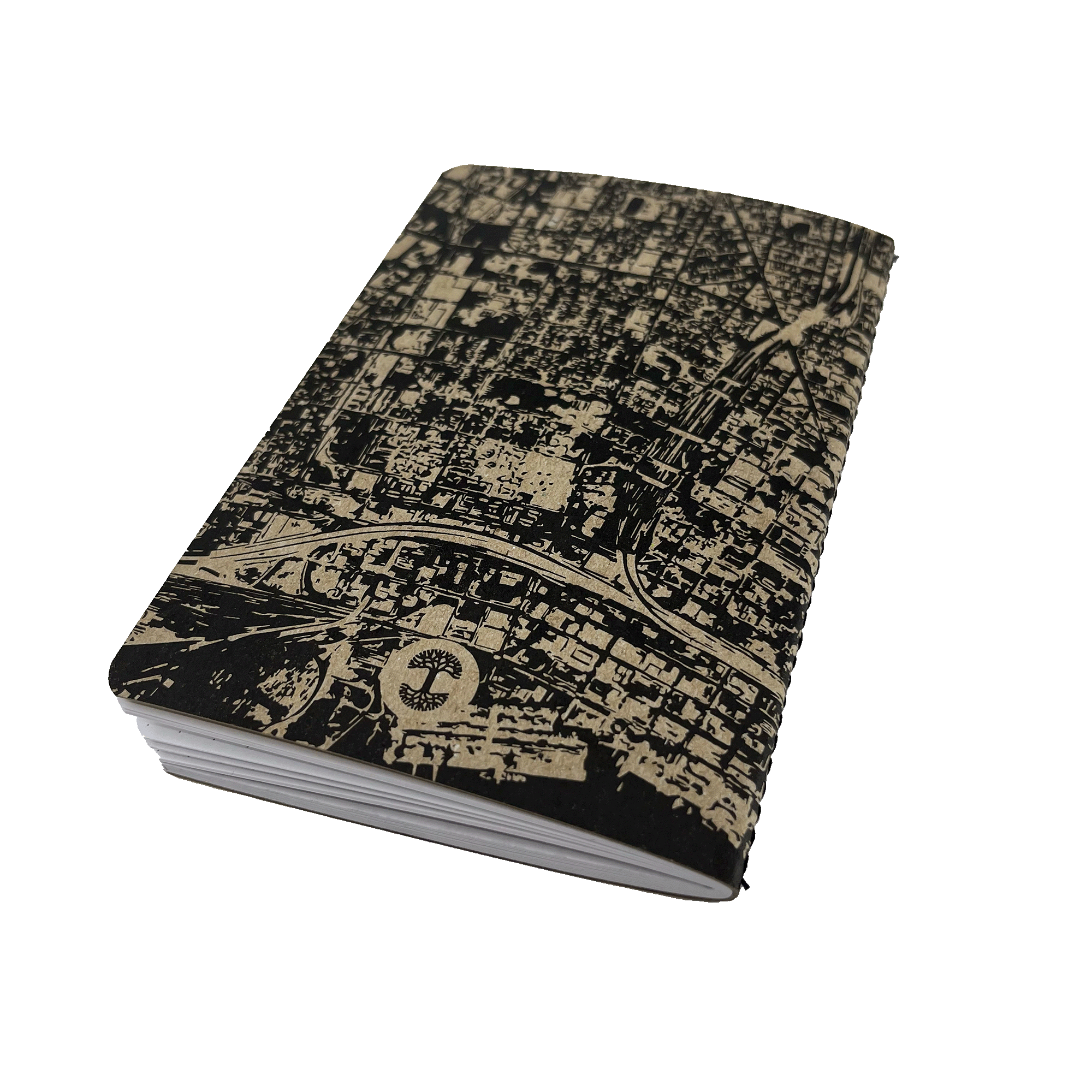 Backside view of mini notebook with aerial map view of Oakland and Oaklandish tree logo on the cover.
