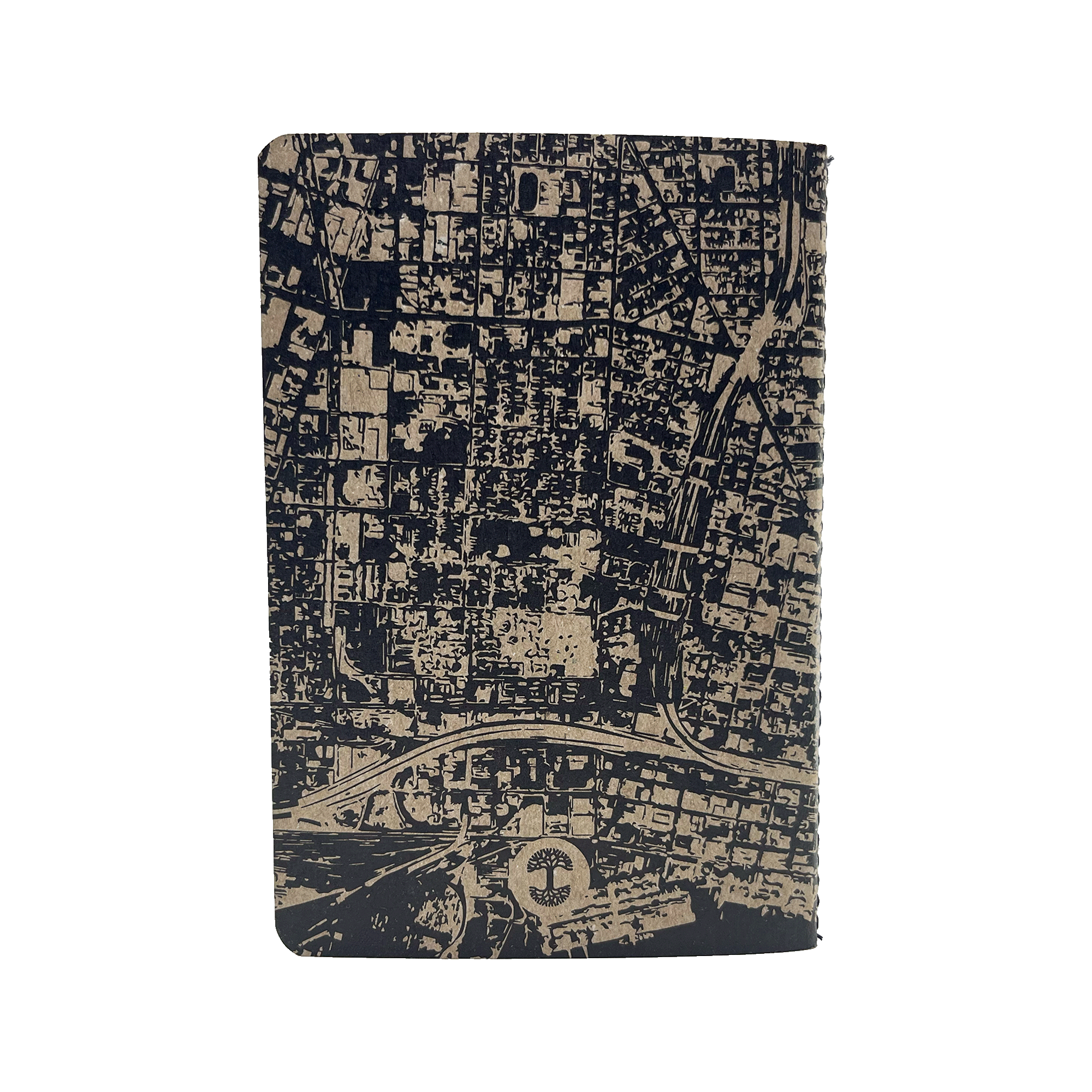Back view of mini notebook with aerial map view of Oakland and Oaklandish tree logoon cover.