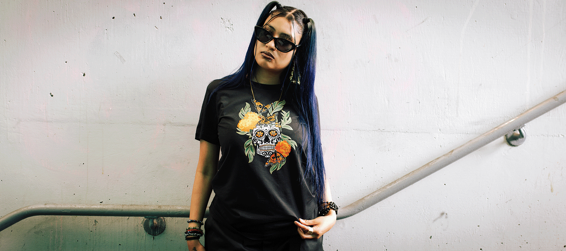Model wearing Dia de los Muertos tee 