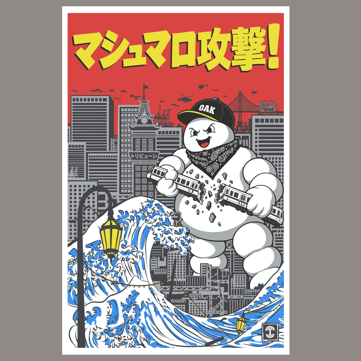 The Oaklandish Marshmallow Tee features a cartoon marshmallow creature in a cap and bandana looming over a city, breaking a train car. A stylized blue wave crashes against a streetlamp under a red, helicopter-filled sky with yellow Japanese text at the top.