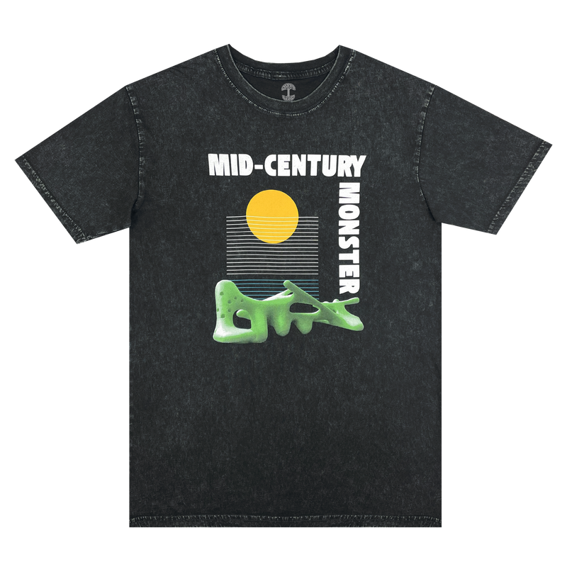 Black stone-colored t-shirt with the mid-century monster graphic from Oaklands Marci Iron Works on the front chest.