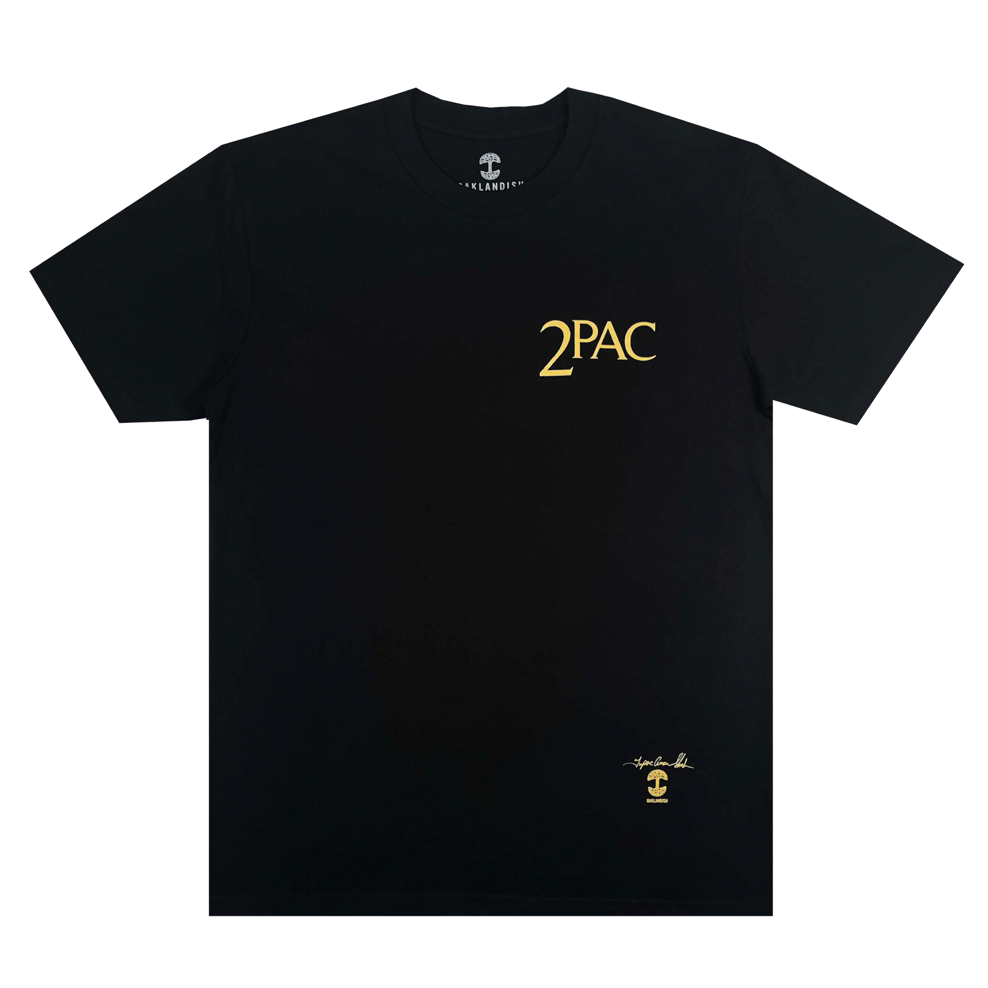 This black T-shirt, known as the "Against the World Tee," showcases "2PAC" in gold text on the front left chest area, embracing hip-hop culture. A small gold signature-style detail and a logo are placed on the bottom right. The brand label "Oaklandish" inside the collar adds an authentic touch to this Tupac-inspired design.