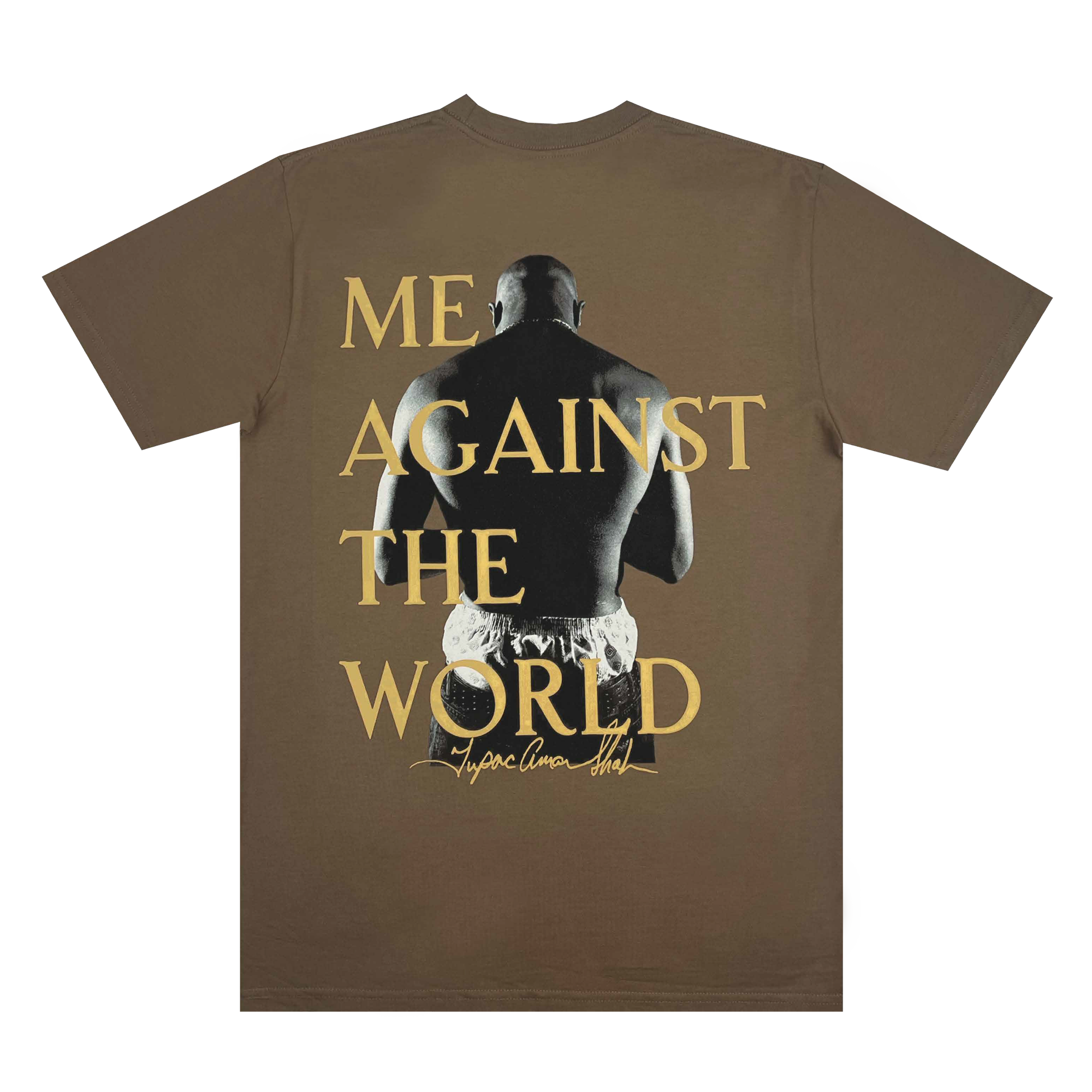 The Against the World Tee by Oaklandish features a graphic of a boxer from behind, decked out in boxing shorts. It prominently displays bold yellow text with "ME AGAINST THE WORLD" in a signature-style script, capturing the rebellious essence of hip-hop culture.