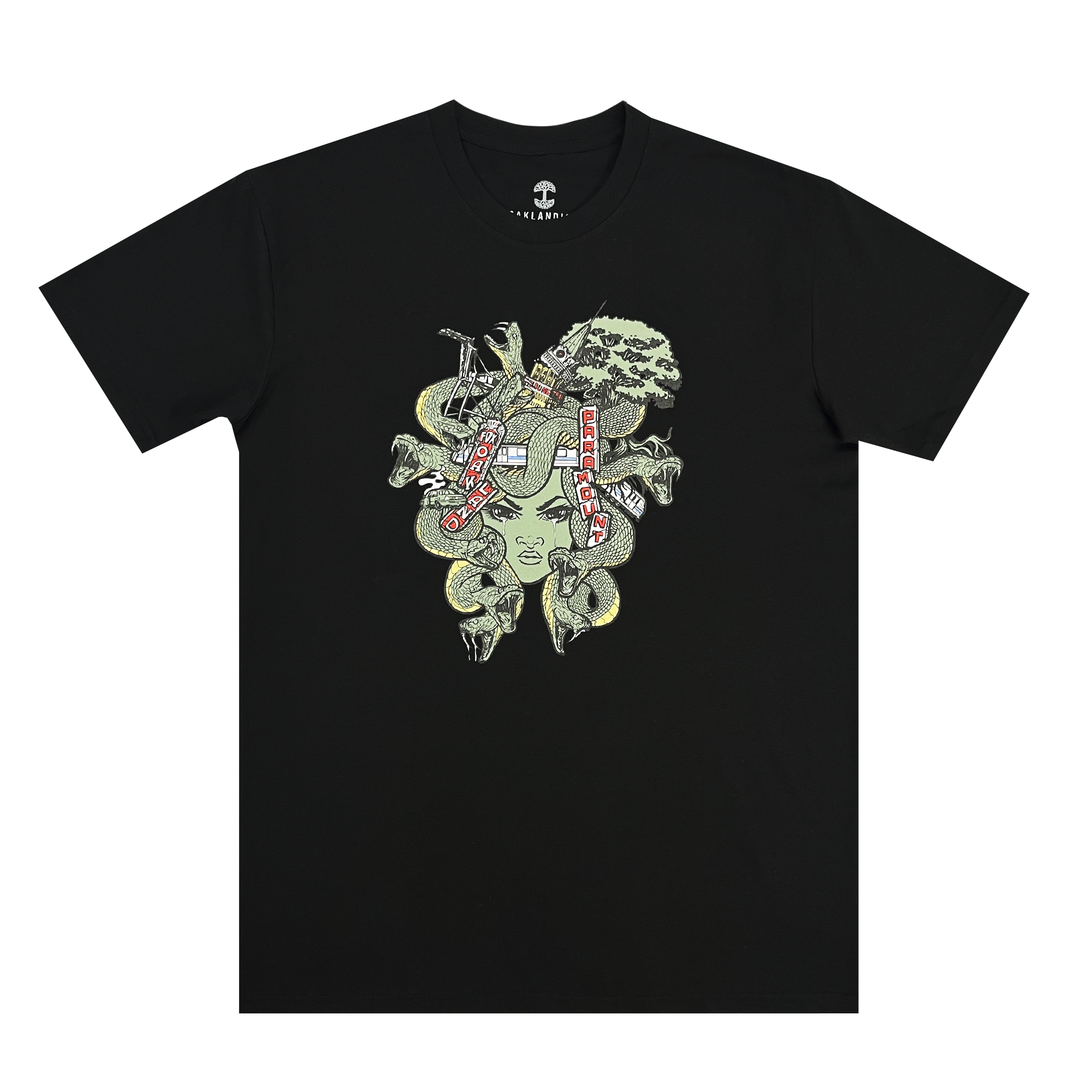Front view of a black t-shirt with elaborate Medusa monster of the mind graphic.