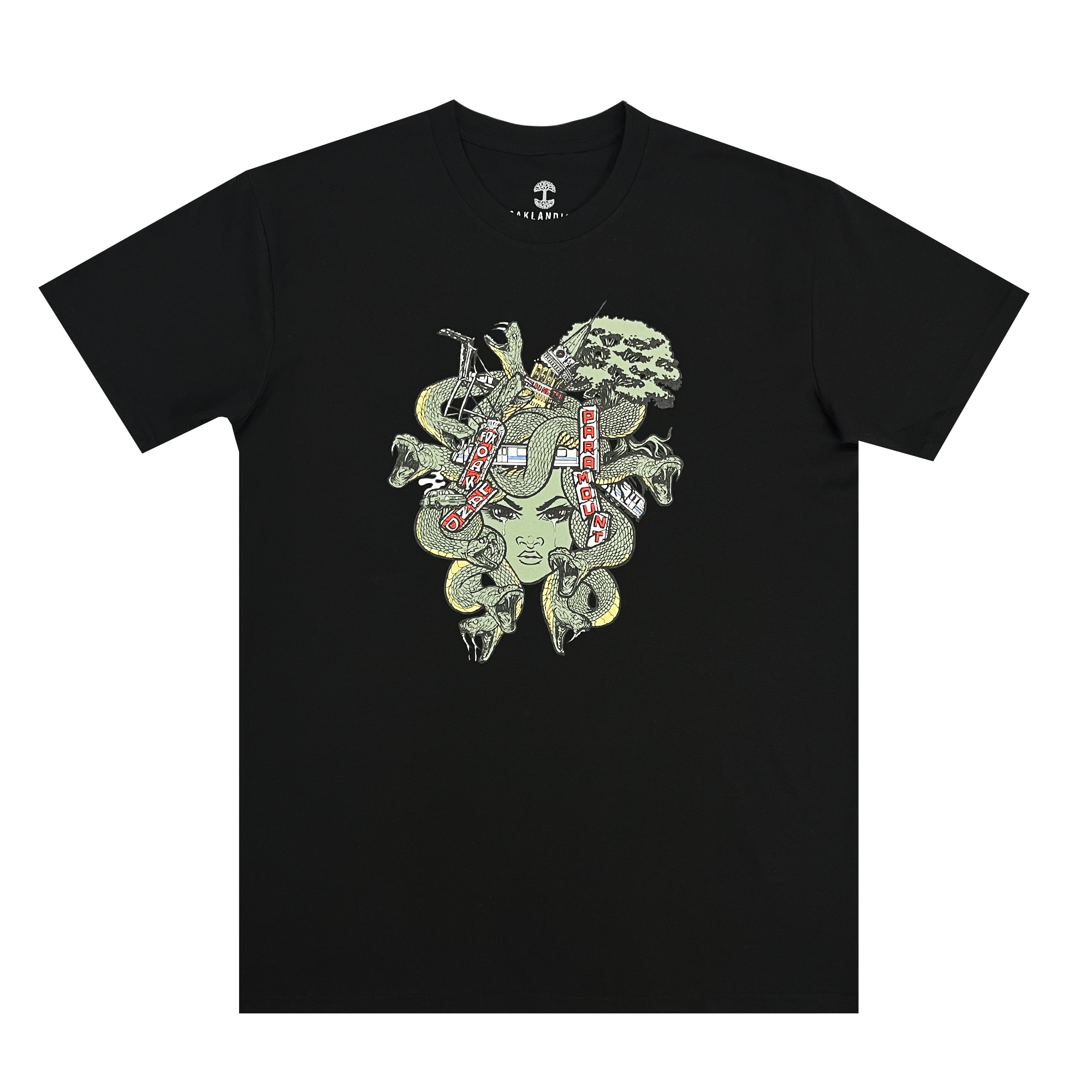 Introducing the Medusa Tee by Oaklandish: This classic fit, 100% cotton black t-shirt features a striking graphic design of a stylized Medusa head on the front. The Medusa illustration showcases intricate patterns and snakes for hair, with some adorned in red and white bands. Her detailed face is centered with closed eyes, making an artistic statement that stands out prominently in our men's collection.