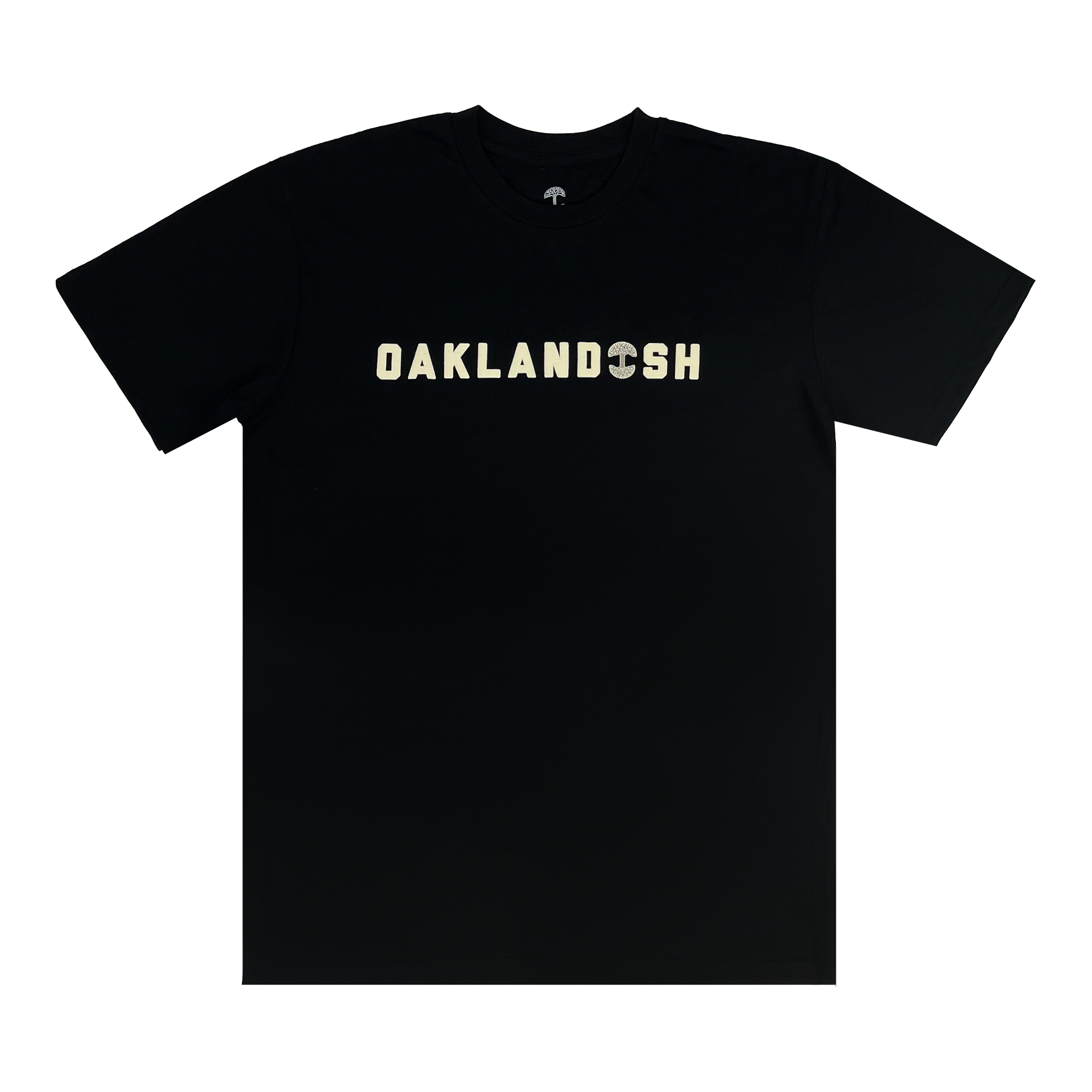 Cotton black t-shirt with Oaklandish Wordmark and Oaklandish tree logo in place of 'i'.