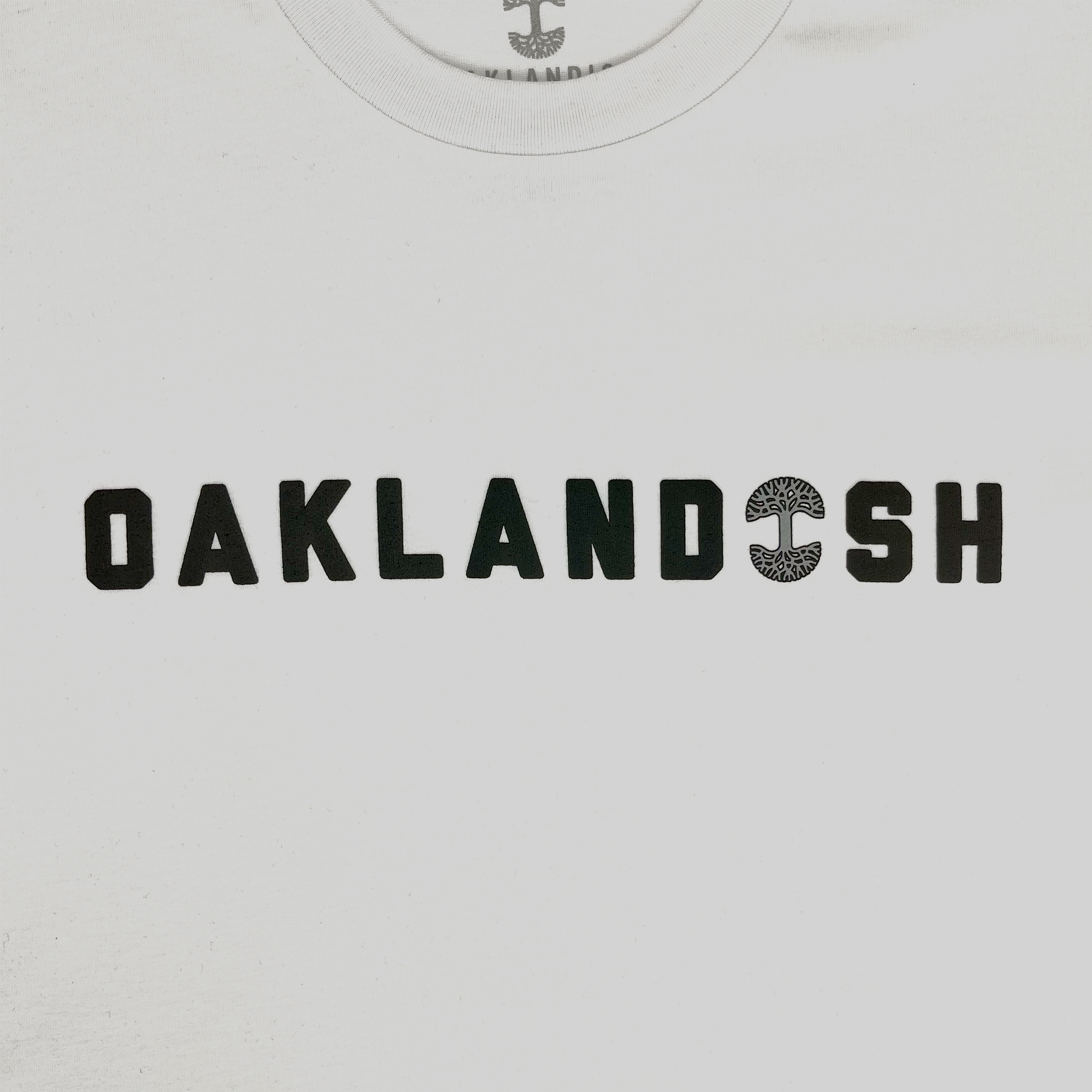 Detailed view of Cotton white t-shirt with Oaklandish Wordmark and Oaklandish tree logo in place of 'i'.