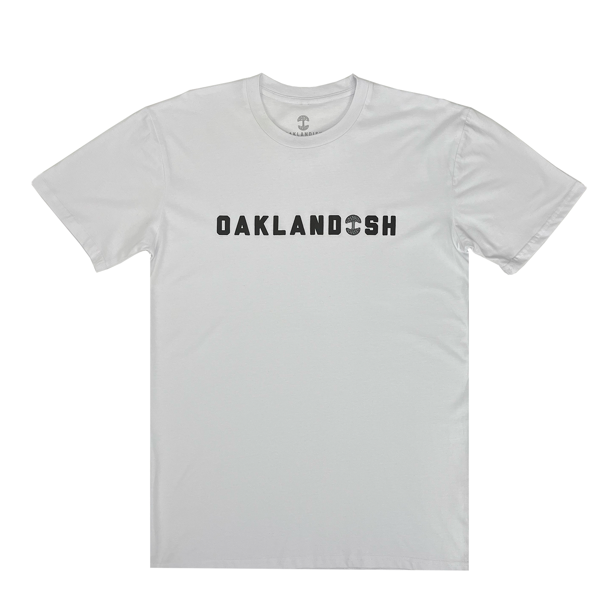 Cotton white t-shirt with Oaklandish Wordmark and Oaklandish tree logo in place of 'i'.