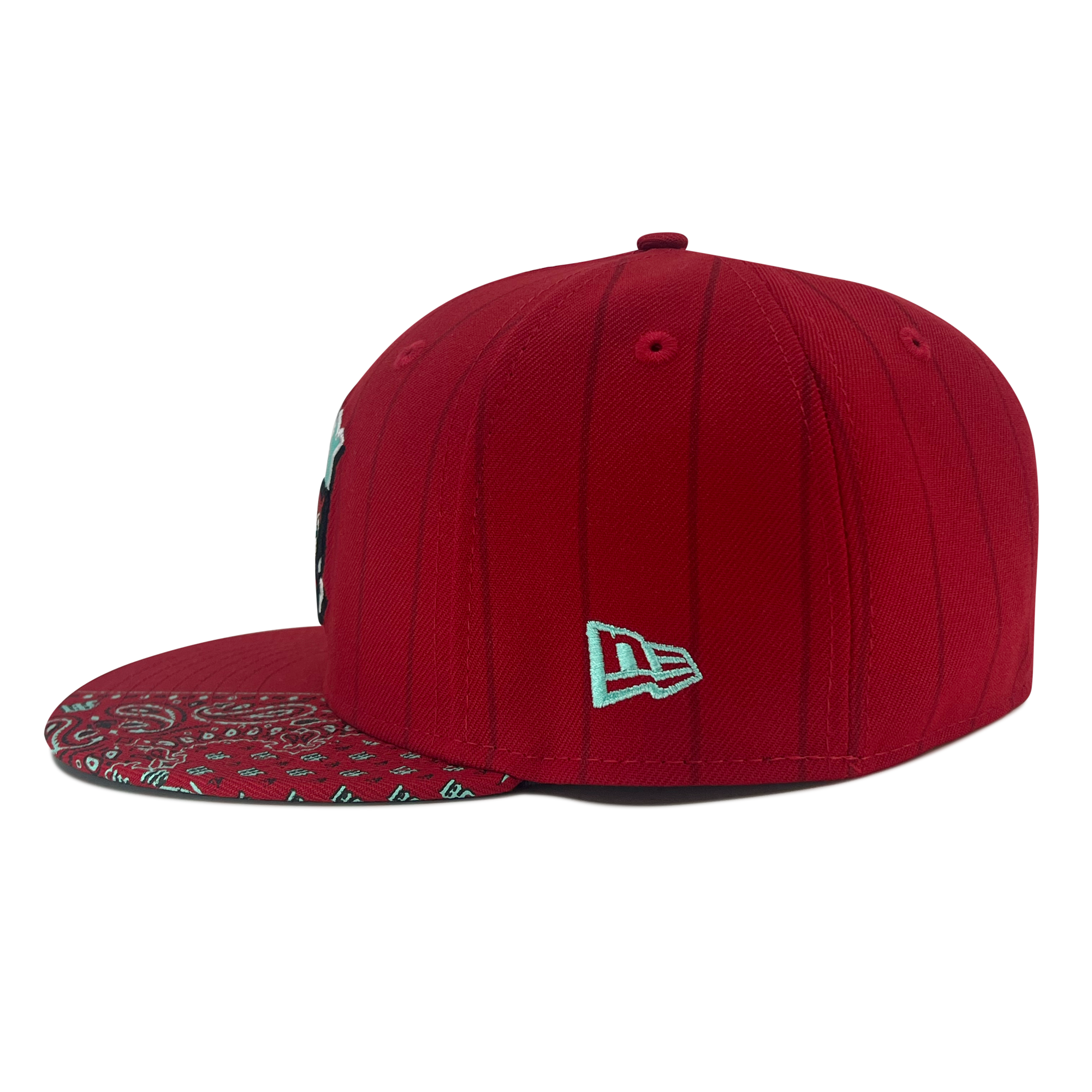 A New Era Diablos Pinstripe 59FIFTY Cap from Retail Vendors is displayed. This red, 100% polyester fitted cap features multiple embroidered designs, white stitching, and a prominent New Era logo on the side. The underside of the brim boasts a detailed paisley pattern in white against the red fabric. The hat is set against a plain white background.