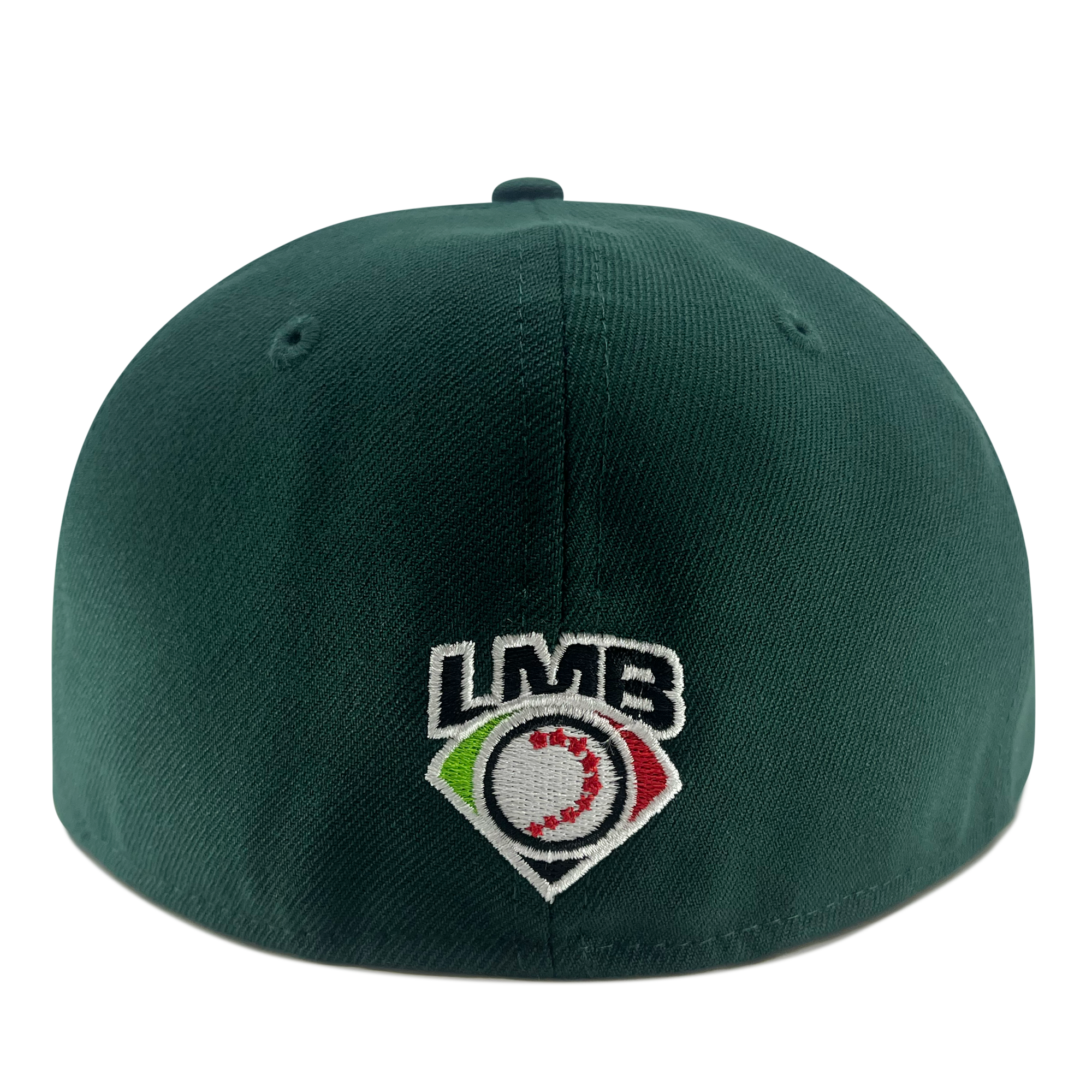 Back view of Forest green 59fifty fitted hat with LMB embroidered logo.