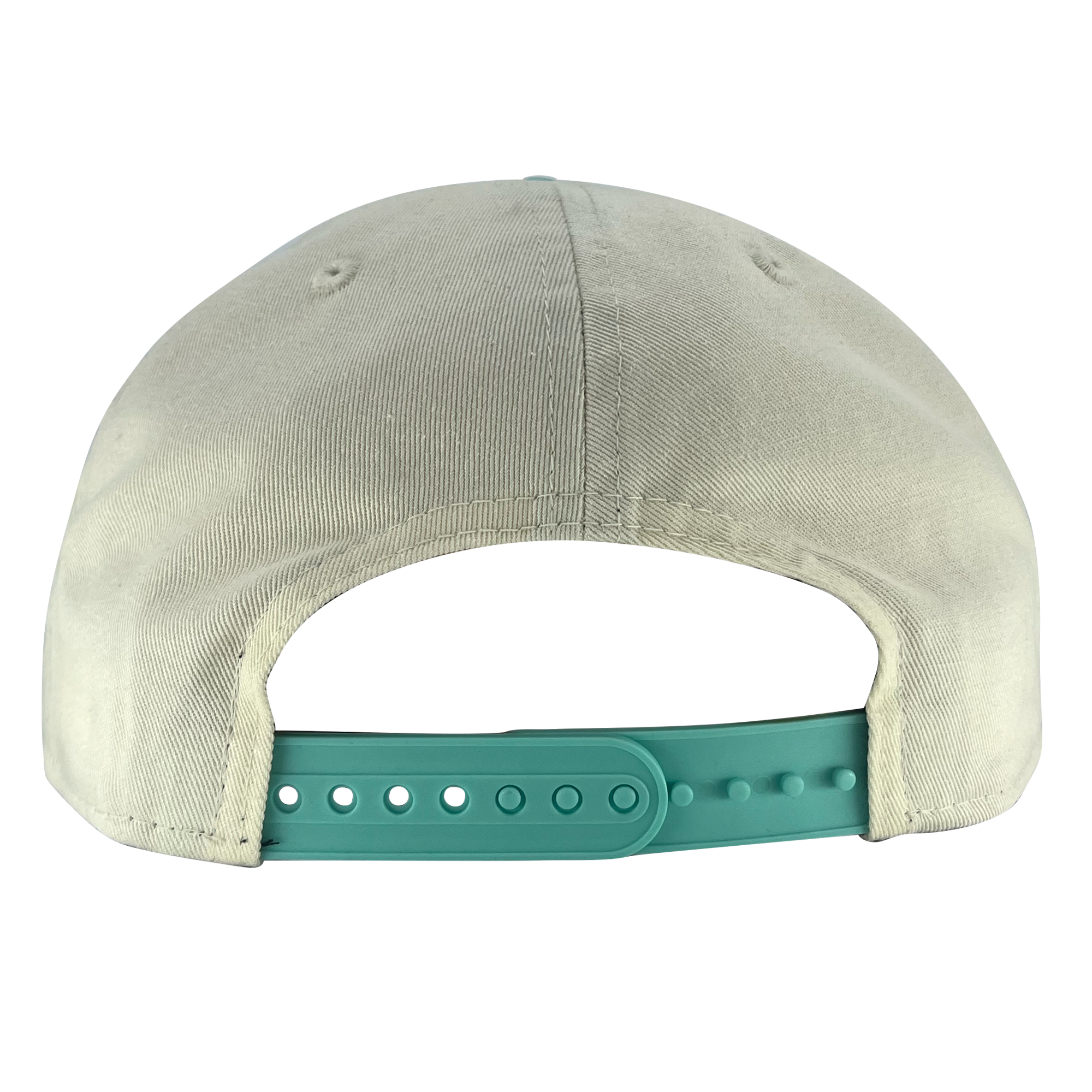 Back view of cream New Era golfer hat with blue plastic snapback closure.