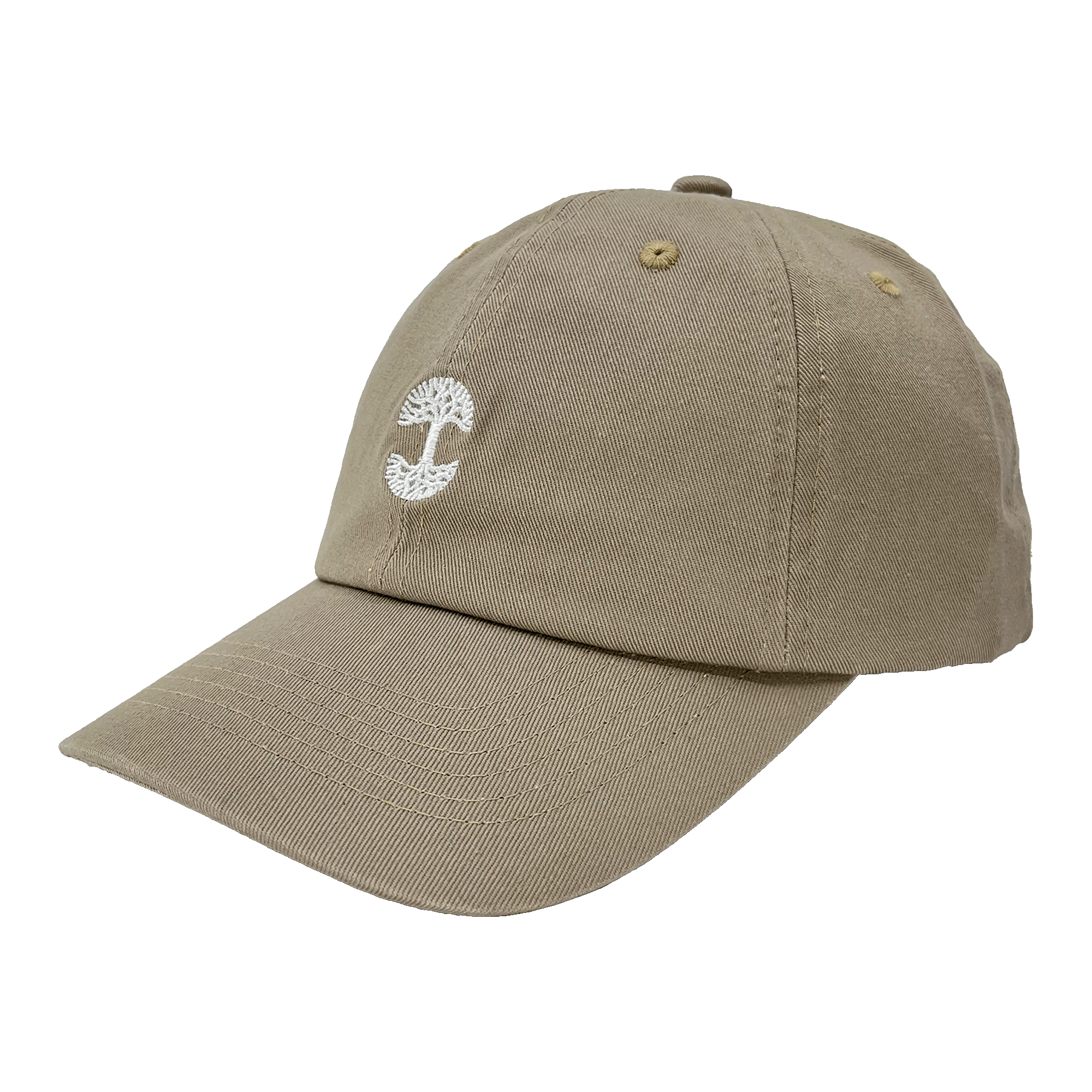 Side view of Khaki brow dad cap with micro-sized white embroidered Oaklandish tree logo on the crown.