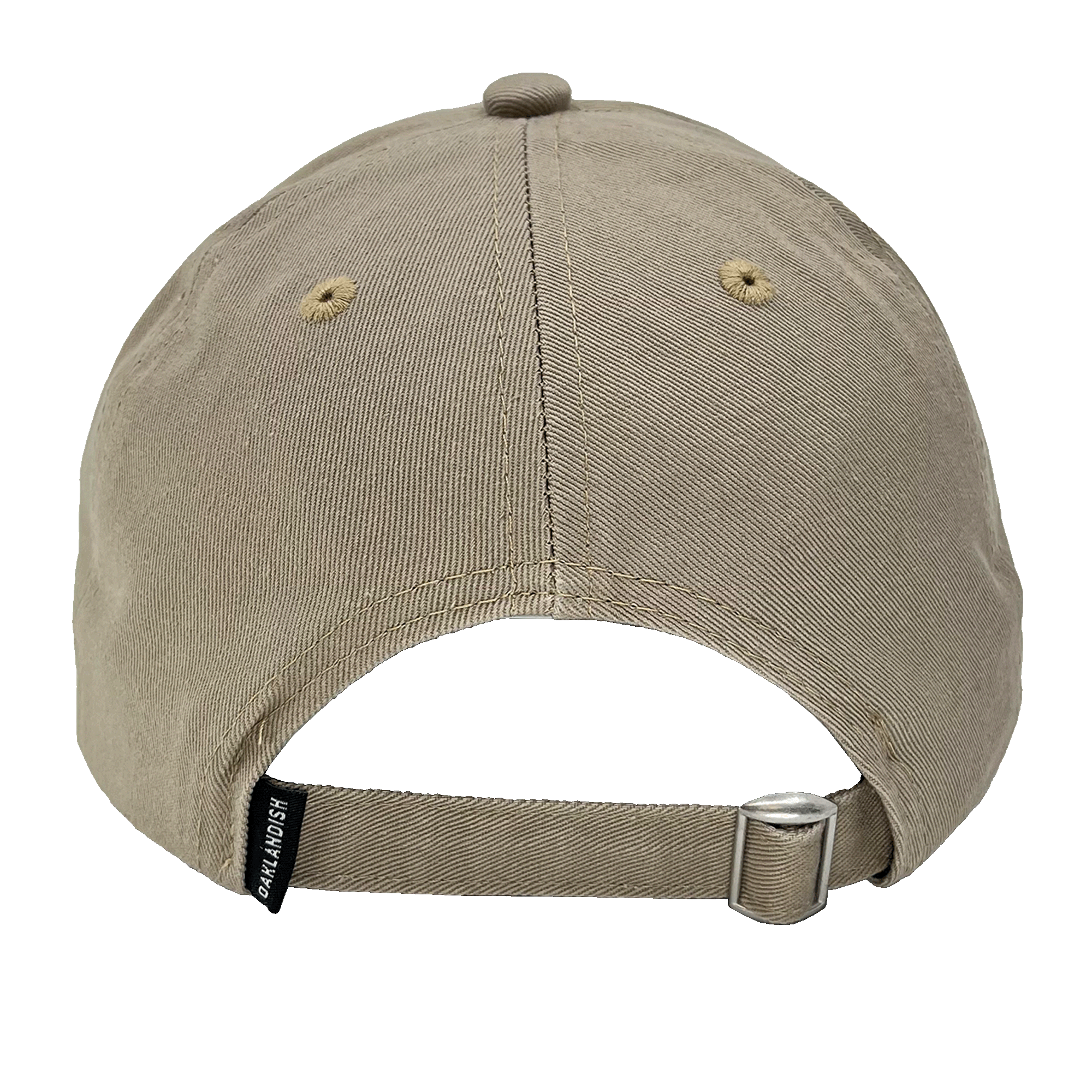 Backside view of a khaki brown dad cap with a strapback closure and small Oaklandish wordmark tag.
