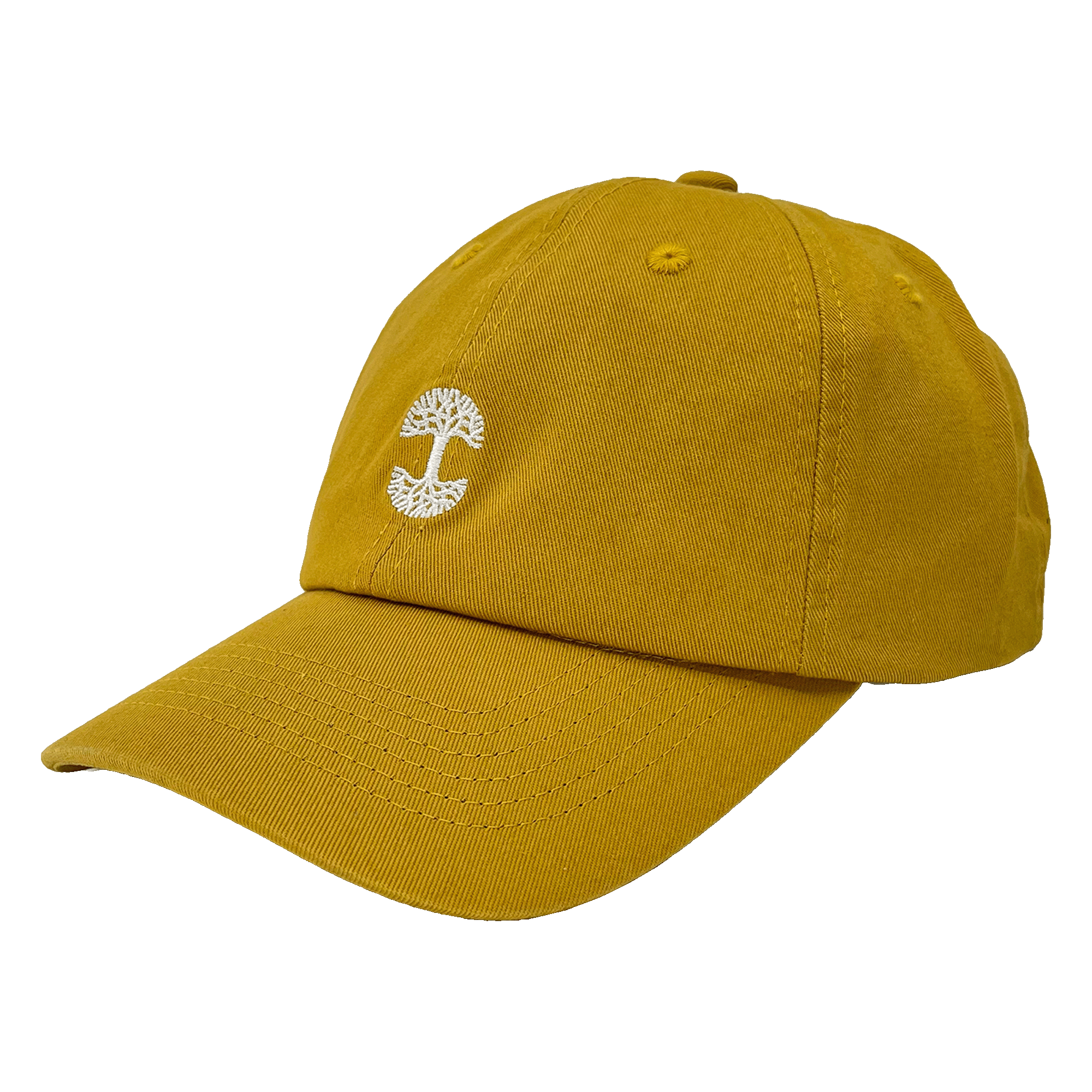 Side view of mustard yellow dad cap with micro-sized white embroidered Oaklandish tree logo on the crown.