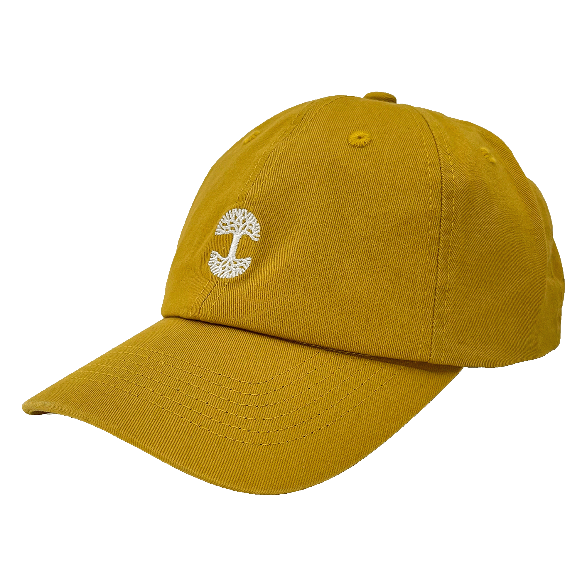 The Micro Logo Dad Hat by Oaklandish is a mustard yellow Dad hat featuring a curved brim, stitched ventilation eyelets, and an adjustable strap back. The front panel showcases a small stylized white tree emblem. The transparent background ensures all attention is on this stylish accessory.