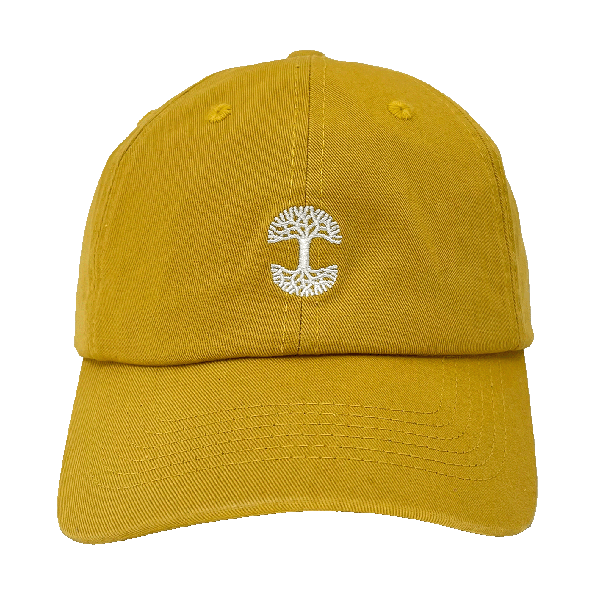 Front view of mustard yellow dad cap with micro-sized white embroidered Oaklandish tree logo on the crown.