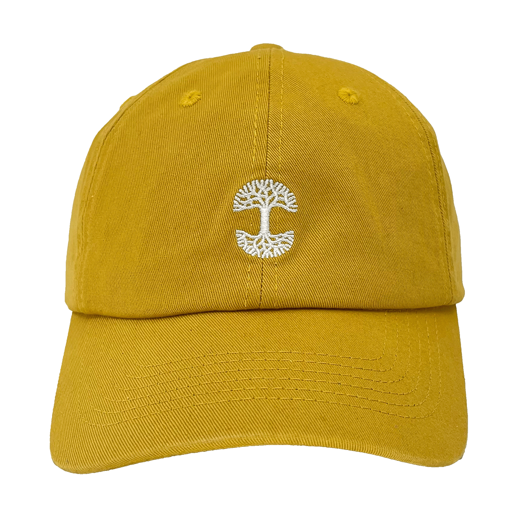 Introducing the Micro Logo Dad Hat by Oaklandish: This mustard yellow dad hat features a white embroidered design on the front, depicting a stylized tree symbol with branches flaring outward to form a circular pattern. The cap includes a curved brim, visible stitching along the edges and panels, and an adjustable strap back. The background is plain green.