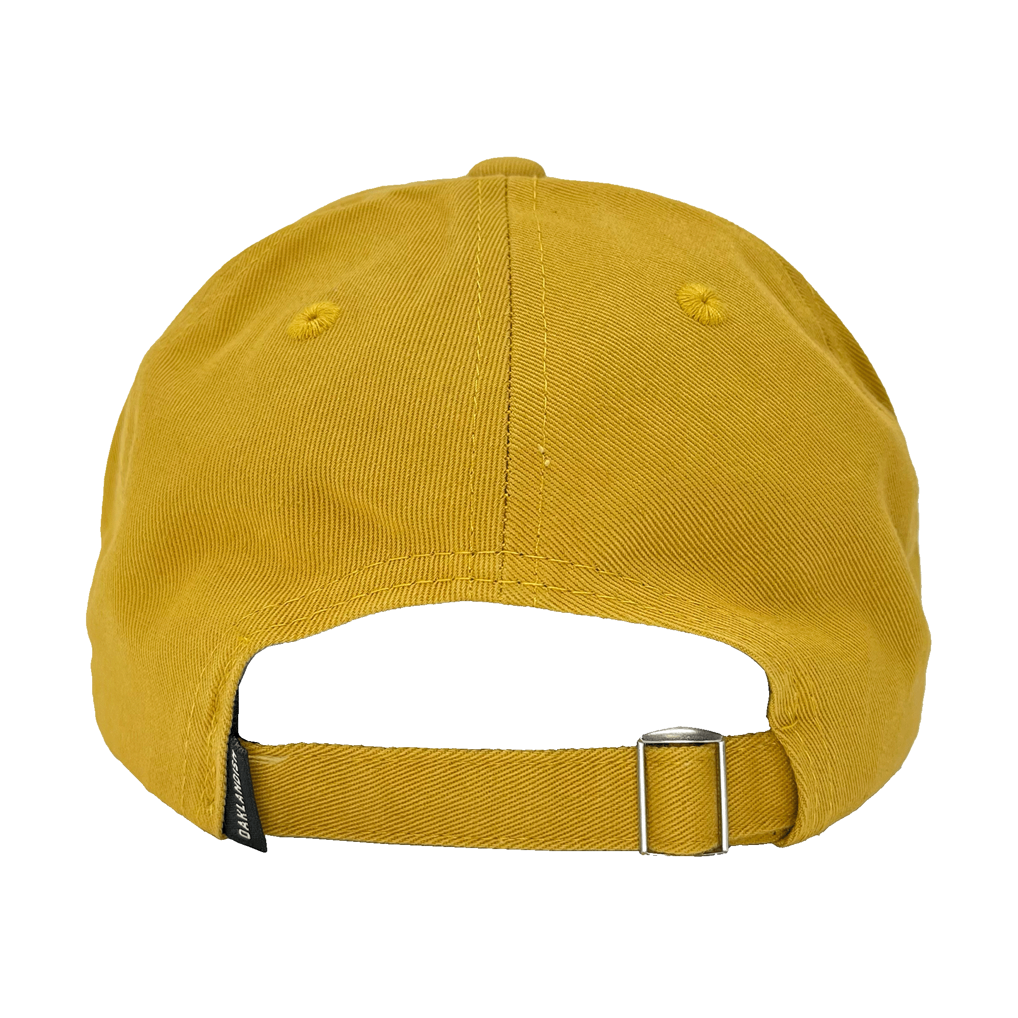 The backside view of a mustard yellow dad cap with a strapback closure and a small Oaklandish wordmark tag.