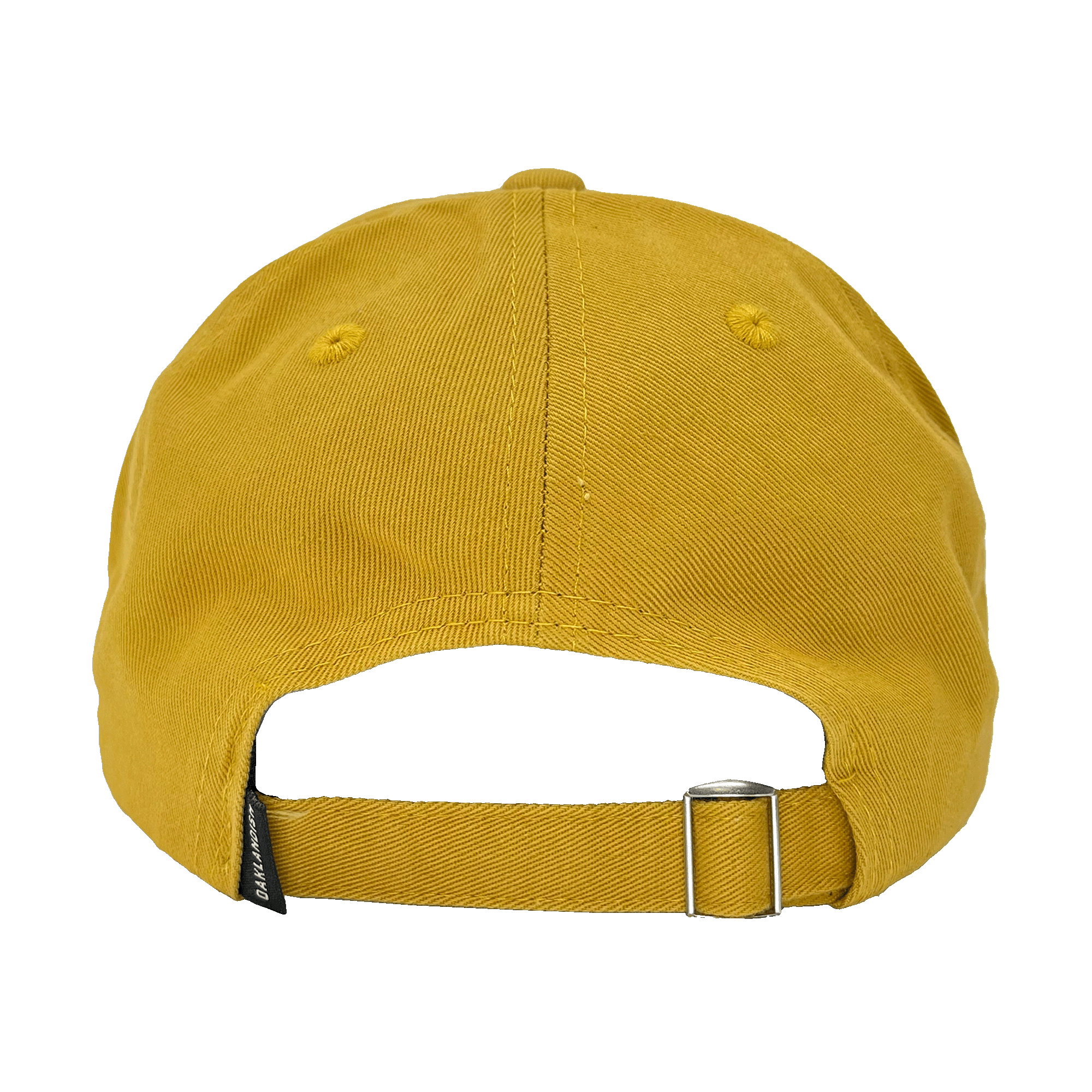 The image shows the backside of the Oaklandish Micro Logo Dad Hat in mustard yellow. It features an adjustable strap back with a metal buckle and a small fabric tag. The cap includes two stitched ventilation holes, one on each side, and seems to be made of canvas or a similar durable material, embodying the signature Oaklandish style.