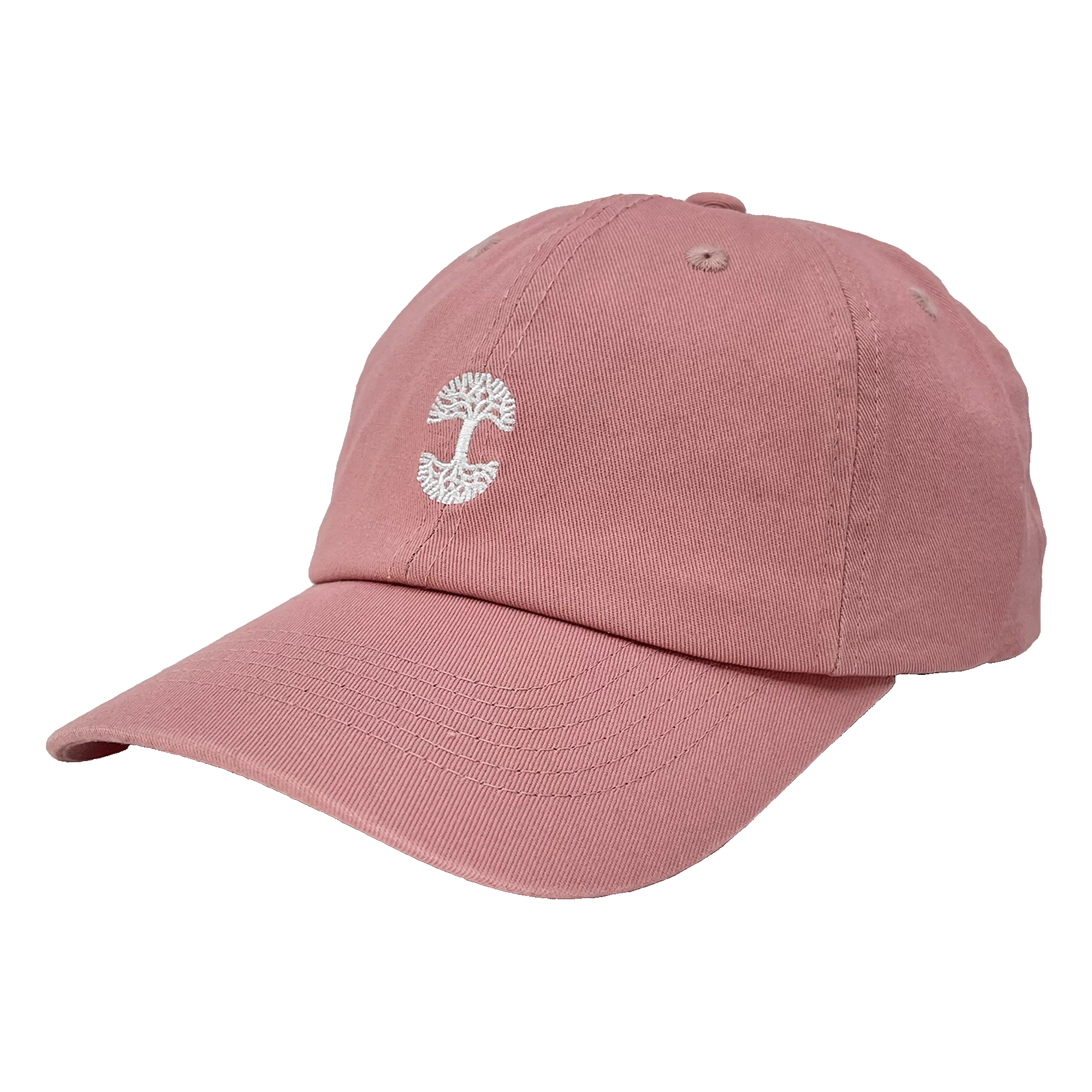 Side view of umber dad cap with micro-sized white embroidered Oaklandish tree logo on the crown.