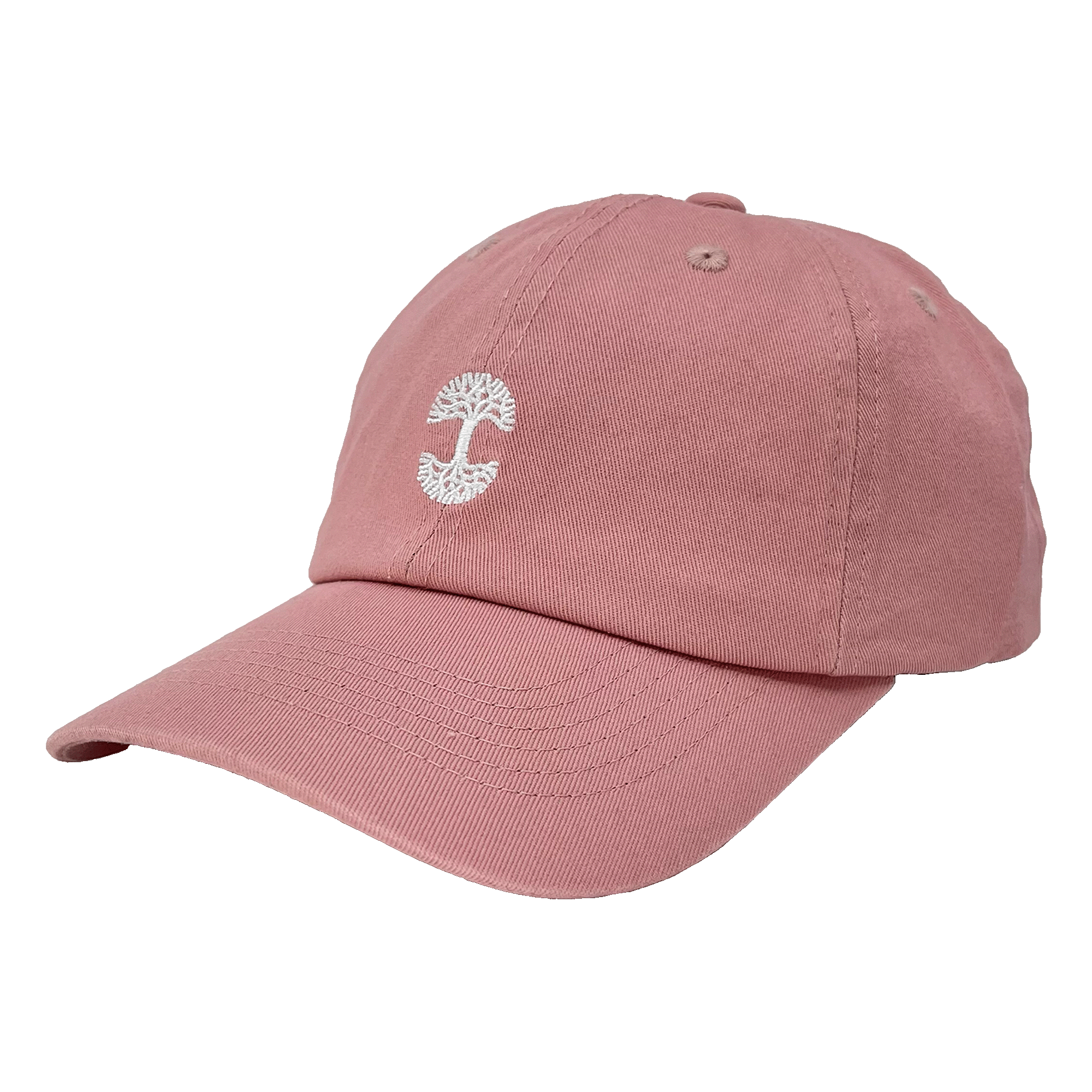 Introducing the Oaklandish Micro Logo Dad Hat in pink, adorned with an embroidered white graphic of a tree whose roots form the letter "C" on the front. This stylish cap features a curved brim, visible stitching along the panels and brim, and an adjustable strap for a customizable fit. The background is transparent.
