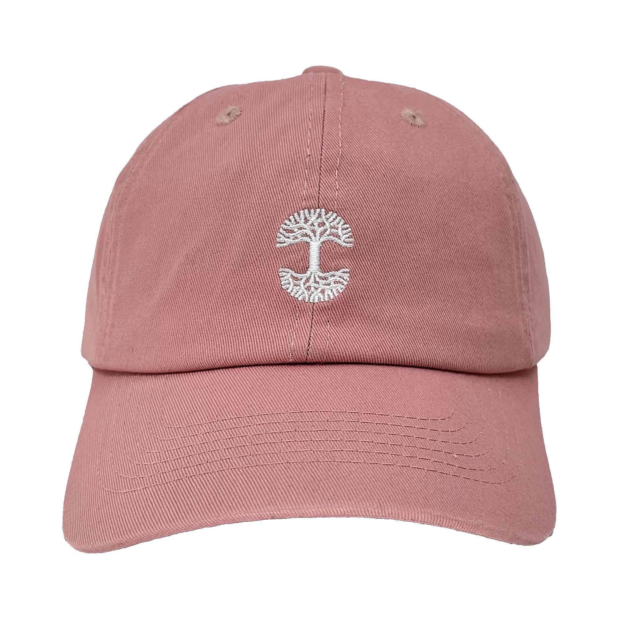 Front view of an umber dad cap with micro-sized white embroidered Oaklandish tree logo on the crown.