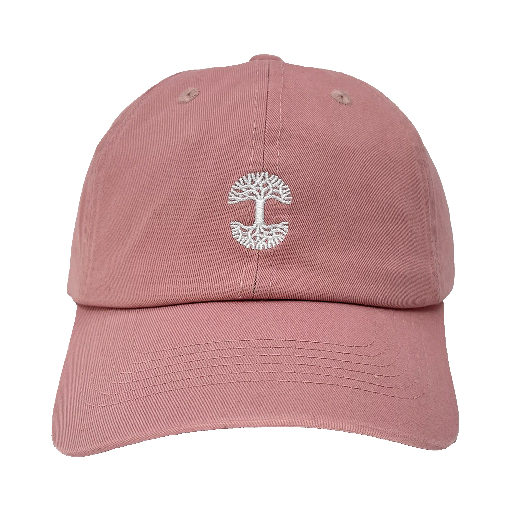 The Micro Logo Dad Hat by Oaklandish is displayed against a white background. This pink cap features a white embroidered tree design in the center of the front panel, reminiscent of the Oaklandish logo. It boasts a slightly curved brim, visible stitching along the seams and brim, and an adjustable strap at the back for a perfect fit.