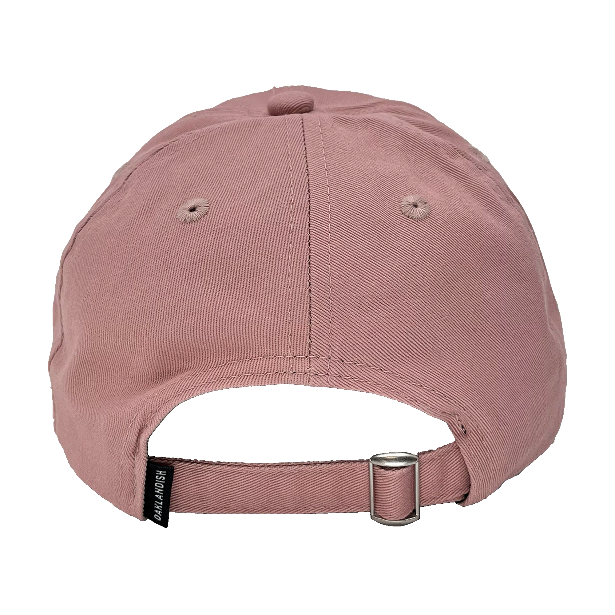 Back view of the Micro Logo Dad Hat in pink by Oaklandish. The cap features an adjustable strap with a metal buckle for size adjustment. The fabric is a soft and sturdy material. Two eyelets on the back provide ventilation. A small black tag with white text, which is not legible, is attached near the strap.