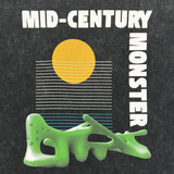 Detailed close-up of mid-century monster graphic from Oaklands Marci Iron Works on the front chest of a black stone t-shirt.