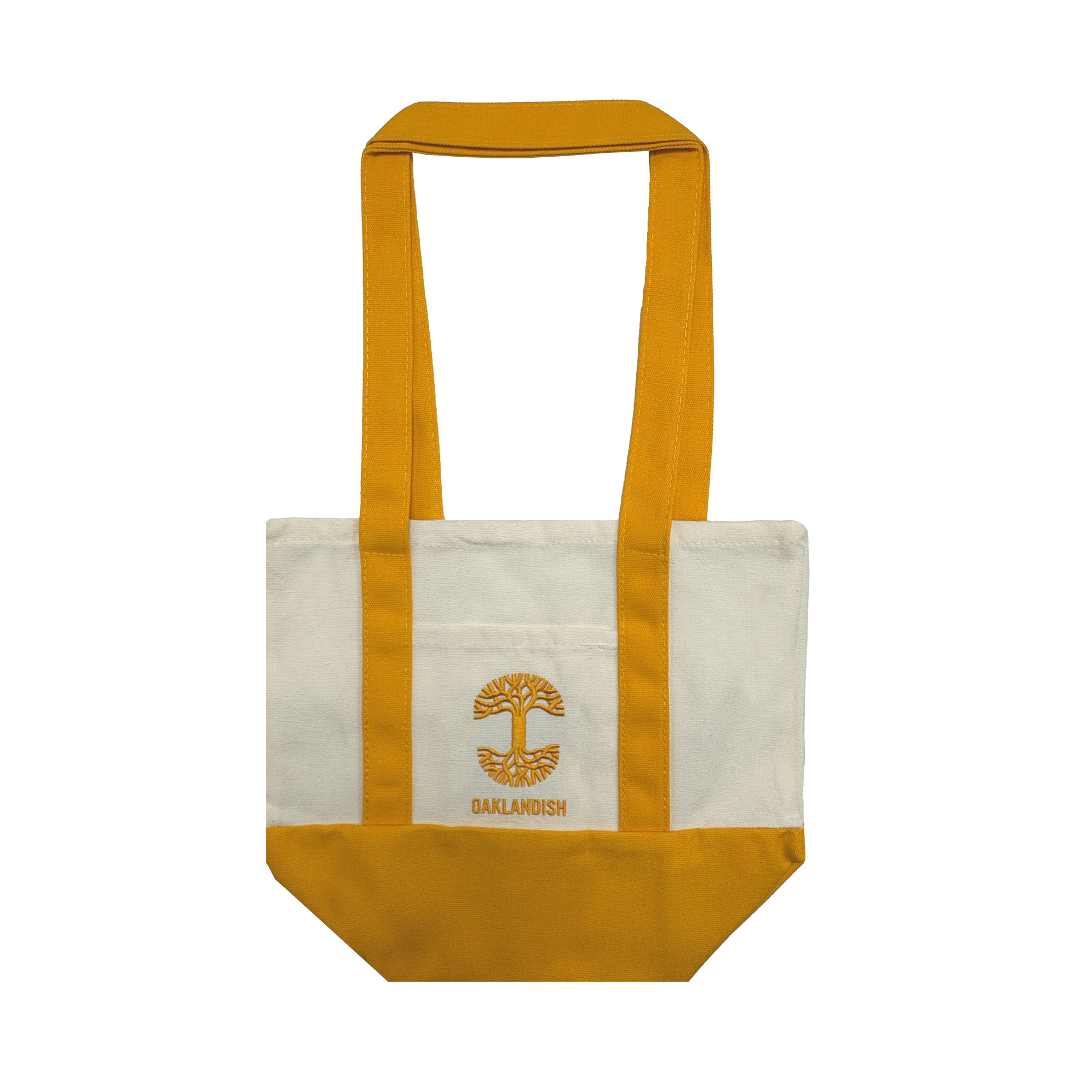 The Oaklandish Mini Grocery Tote by Oaklandish features an off-white canvas body with mustard yellow handles and bottom. A yellow tree logo and "OAKLANDISH" appear on the center front, displayed against a plain white background.