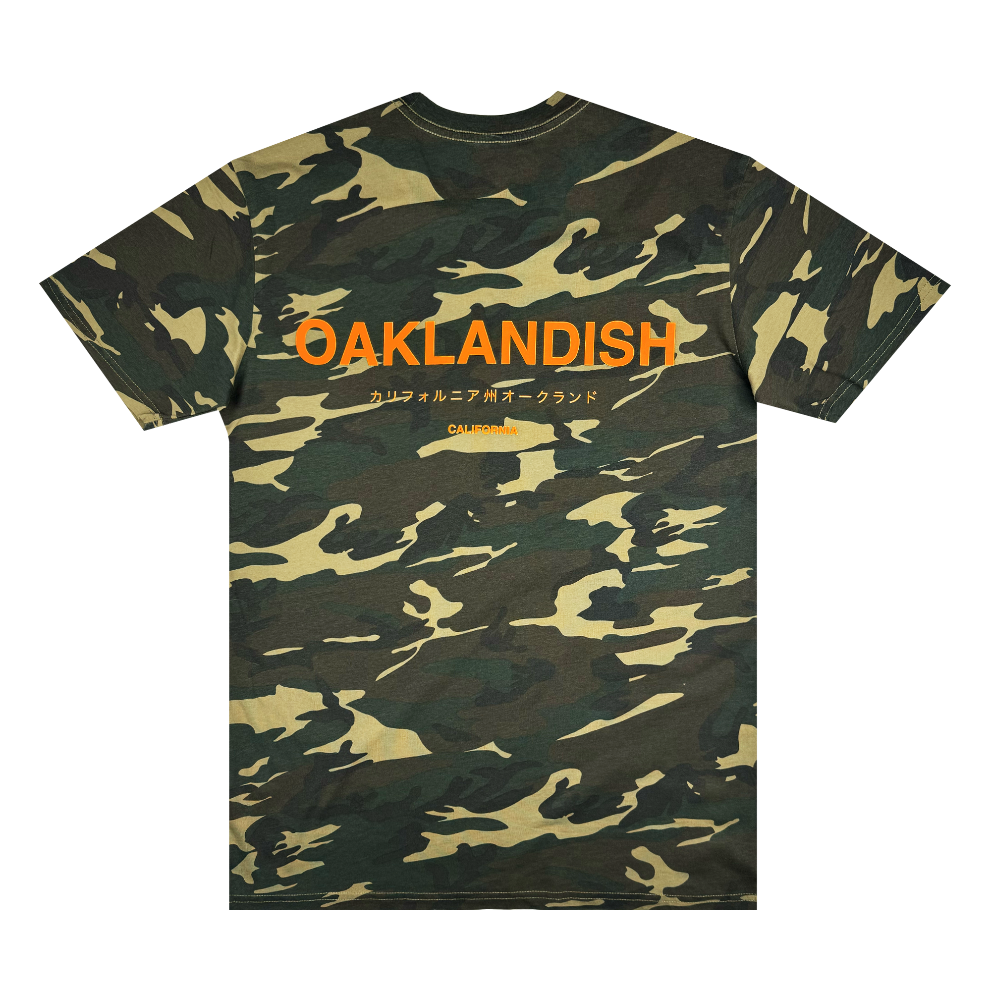 The Modern Type Tee by Oaklandish is a classic fit camo t-shirt made from 100% cotton, featuring the word "Oaklandish" in bold orange on the back with smaller Japanese characters beneath it. This design stands out against the traditional green, brown, and beige camo pattern.