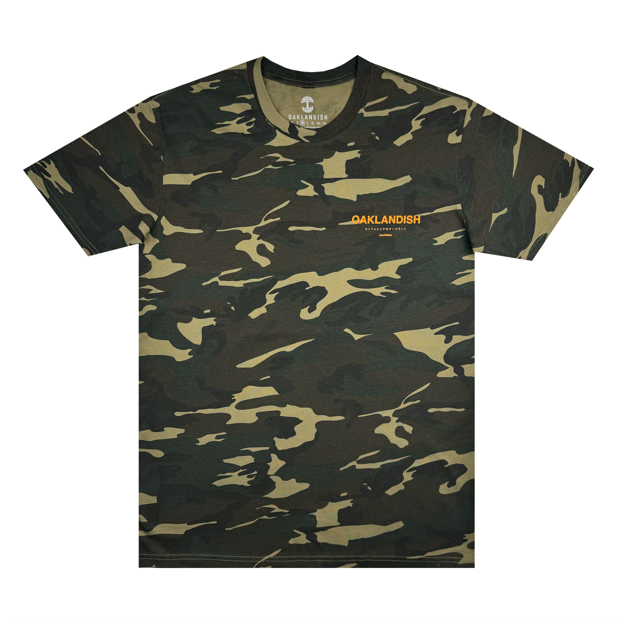 Modern Type Tee by Oaklandish: This classic fit t-shirt comes in a camo pattern with striking green, brown, and black splotches. Crafted from 100% cotton, it features a subtle orange "OAKLANDISH" logo on the left chest area. The tag inside the collar is visible with the Oaklandish logo and name.