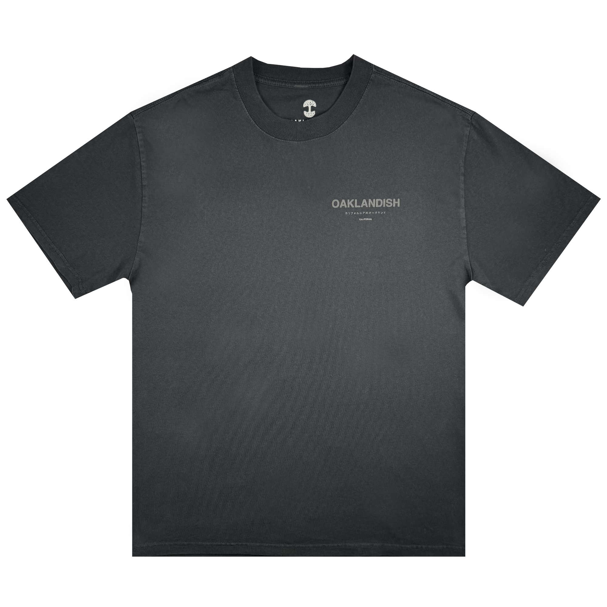 The Modern Type Heavy Tee by Oaklandish displays the word "OAKLANDISH" prominently on the chest, accompanied by smaller text underneath. Crafted from heavyweight cotton, it boasts a classic crew neck and short sleeves, all against a plain white backdrop for a sleek appearance.