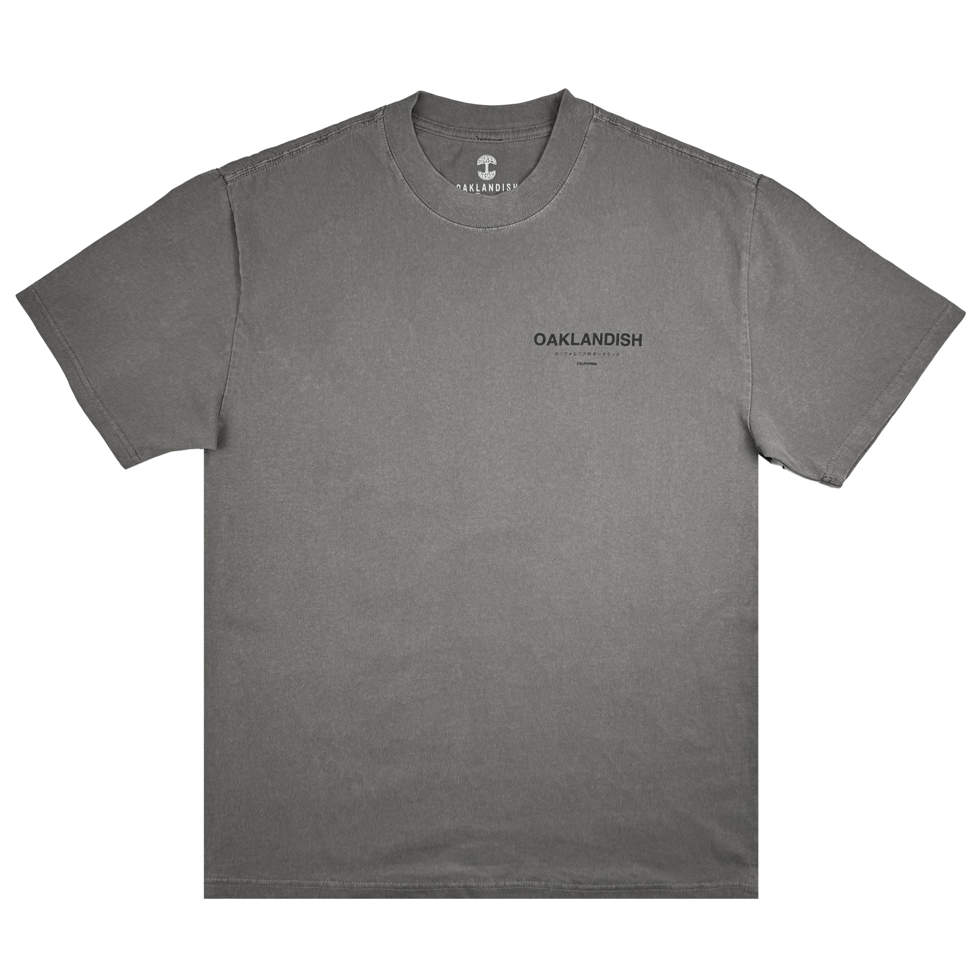 Introducing the Modern Type Heavy Tee by Oaklandish: a gray heavyweight t-shirt crafted from 100% carded cotton, featuring "OAKLANDISH" in black on the upper left front. This tee offers a boxy fit and is designed with a crew-style neckline. The Oaklandish logo is subtly placed near the collar, enhancing its simple and casual aesthetic.