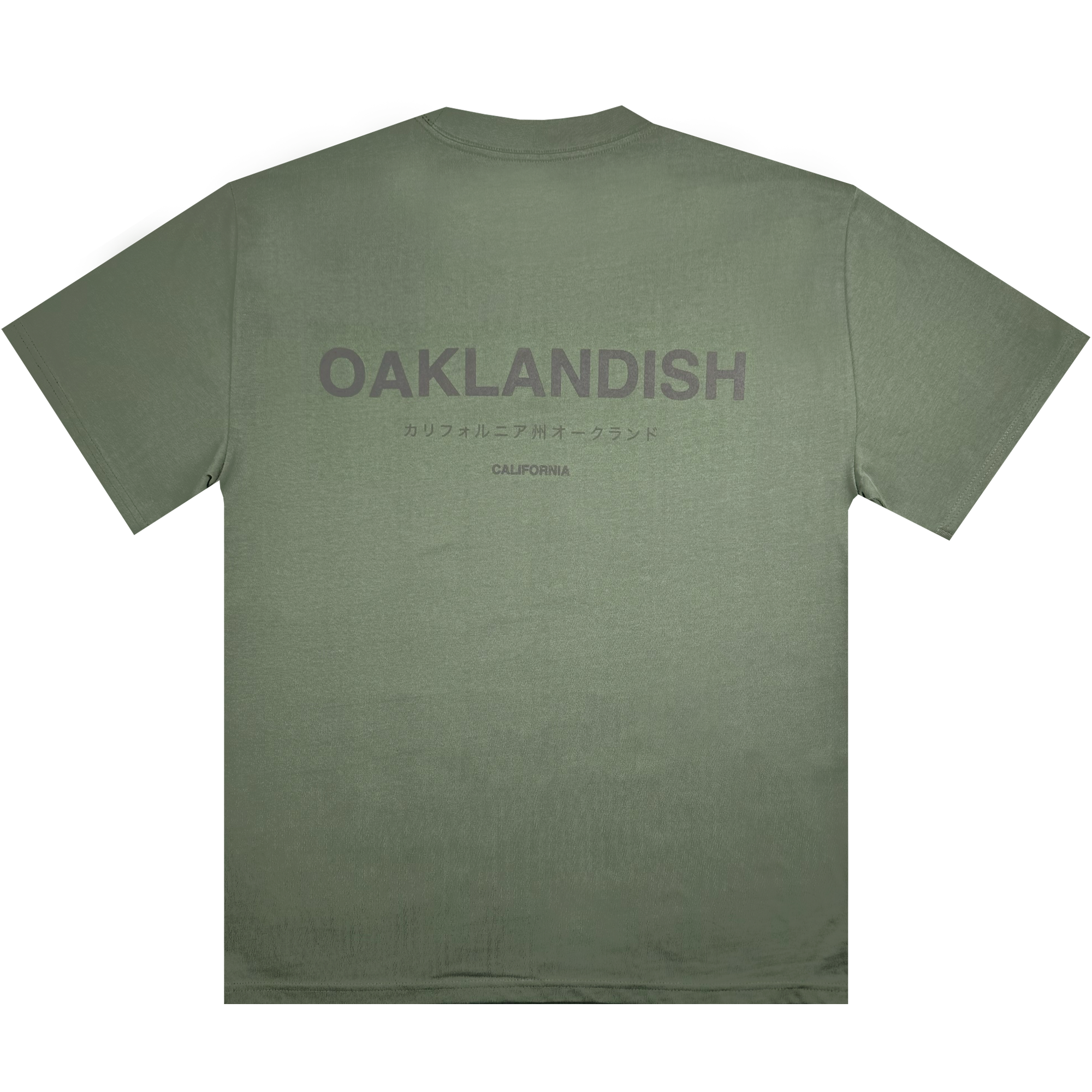 The Modern Type Heavy Tee by Oaklandish is a heavyweight T-shirt in olive green, showcasing "OAKLANDISH" in striking gray letters on the back. Below this, you'll find "California" written in both English and Japanese. Crafted from 100% carded cotton, it features a boxy fit with a round neckline and short sleeves for superior comfort.