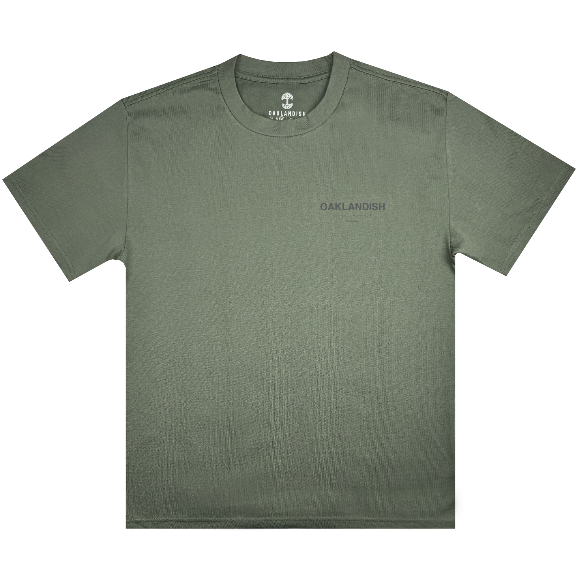 Modern Type Heavy Tee in green, with "OAKLANDISH" printed in small letters on the left chest. Made from 100% carded cotton, this heavyweight tee offers a boxy fit. The inside collar showcases the Oaklandish brand name and logo. Featuring short sleeves and a plain design set against a white background.