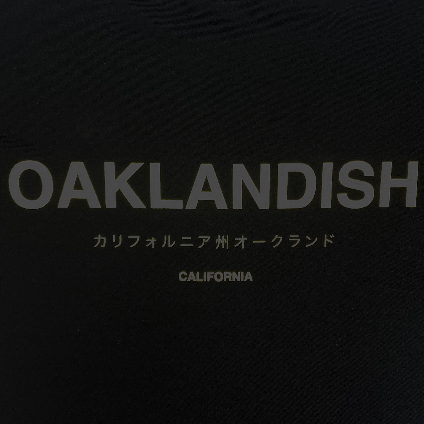 The Modern Type Hoodie by Oaklandish features a black background with "OAKLANDISH" in bold, light gray letters. Below, Japanese katakana characters spell out "California Oakland," and "CALIFORNIA" appears in small light gray letters at the bottom. This design is showcased on a premium fleece unisex hoodie.